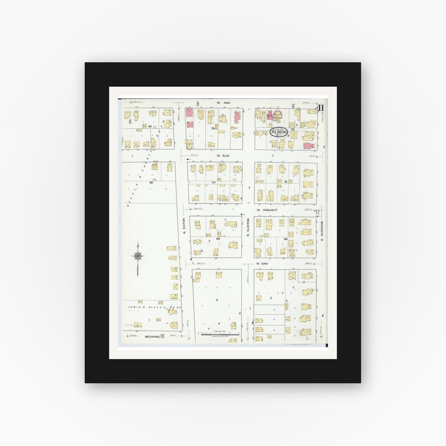 Old map wall art mockup — black gallery frame with white mat — Sanborn Fire Insurance Map from Albion, Calhoun County, Michigan (1918), Sheet #0011