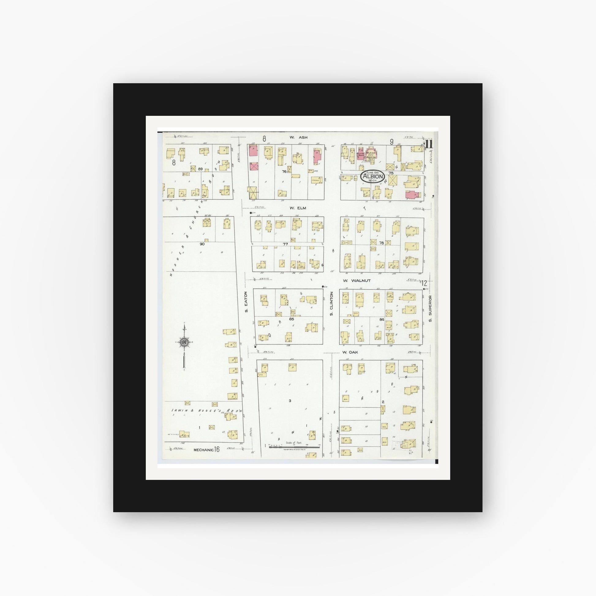 Old map wall art mockup — black gallery frame with white mat — Sanborn Fire Insurance Map from Albion, Calhoun County, Michigan (1918), Sheet #0011