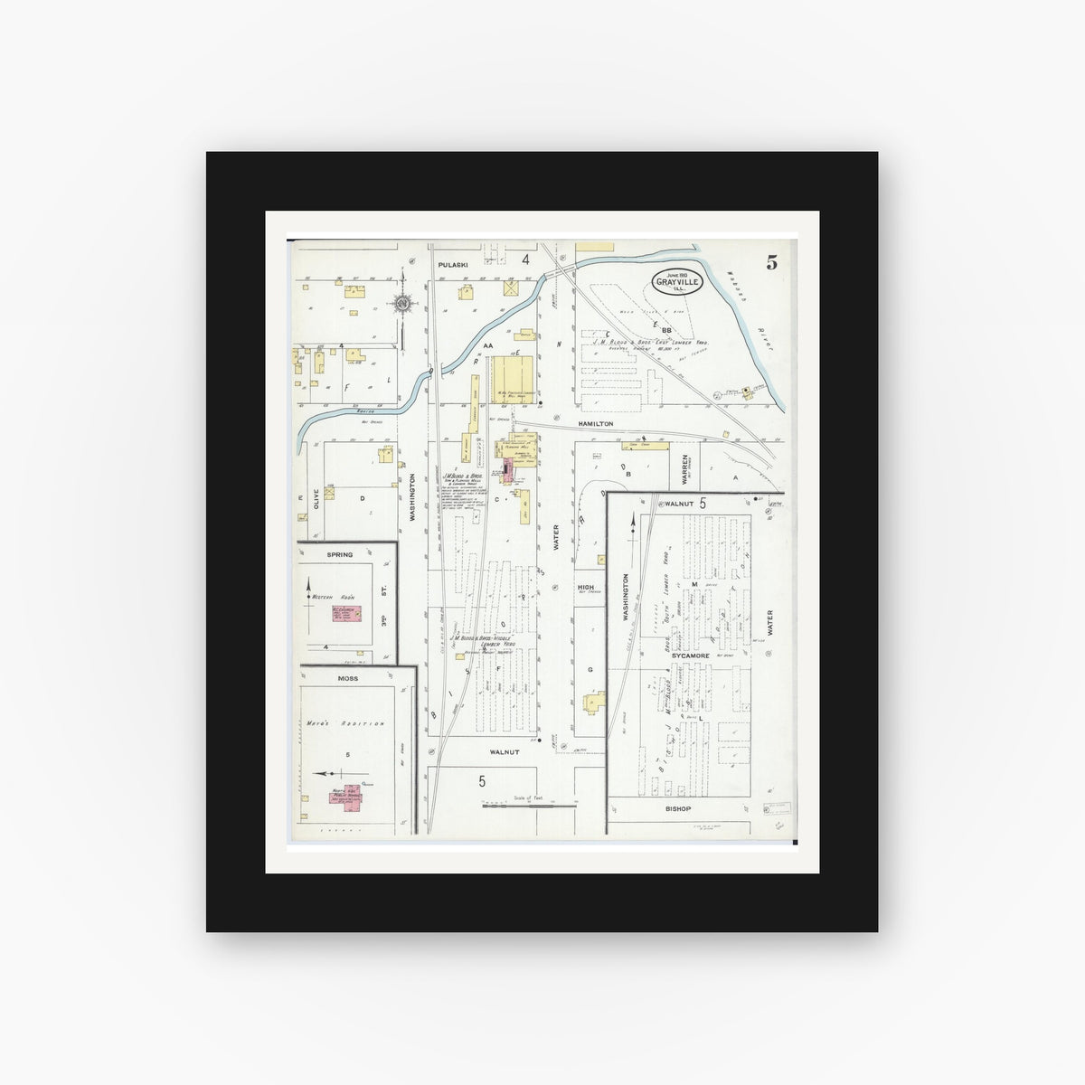 Old map wall art mockup — black gallery frame with white mat — Sanborn Fire Insurance Map from Grayville, White And Edwards Counties, Illinois (1910), Sheet #0005