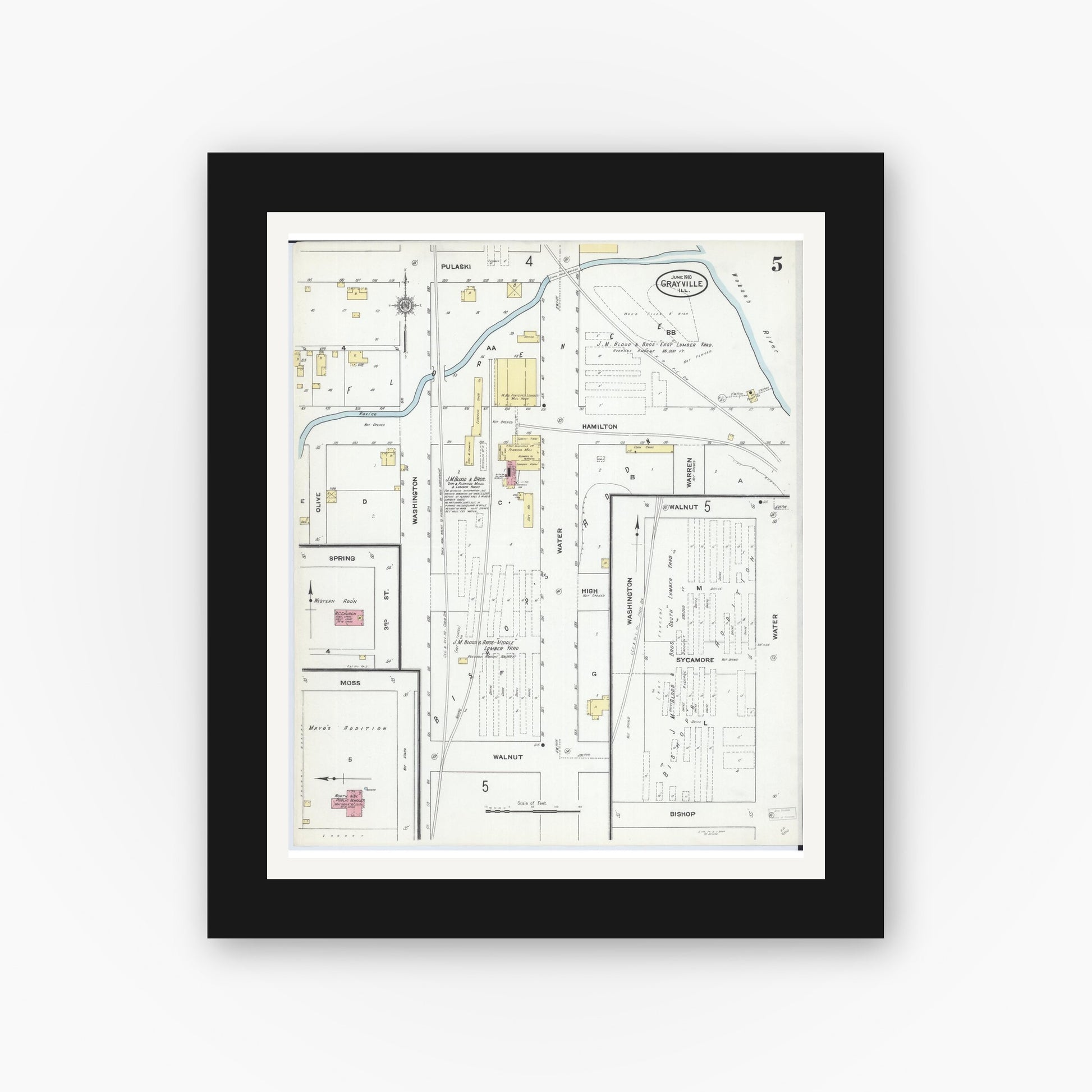 Old map wall art mockup — black gallery frame with white mat — Sanborn Fire Insurance Map from Grayville, White And Edwards Counties, Illinois (1910), Sheet #0005