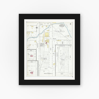 Old map wall art mockup — black gallery frame with white mat — Sanborn Fire Insurance Map from Grayville, White And Edwards Counties, Illinois (1910), Sheet #0005