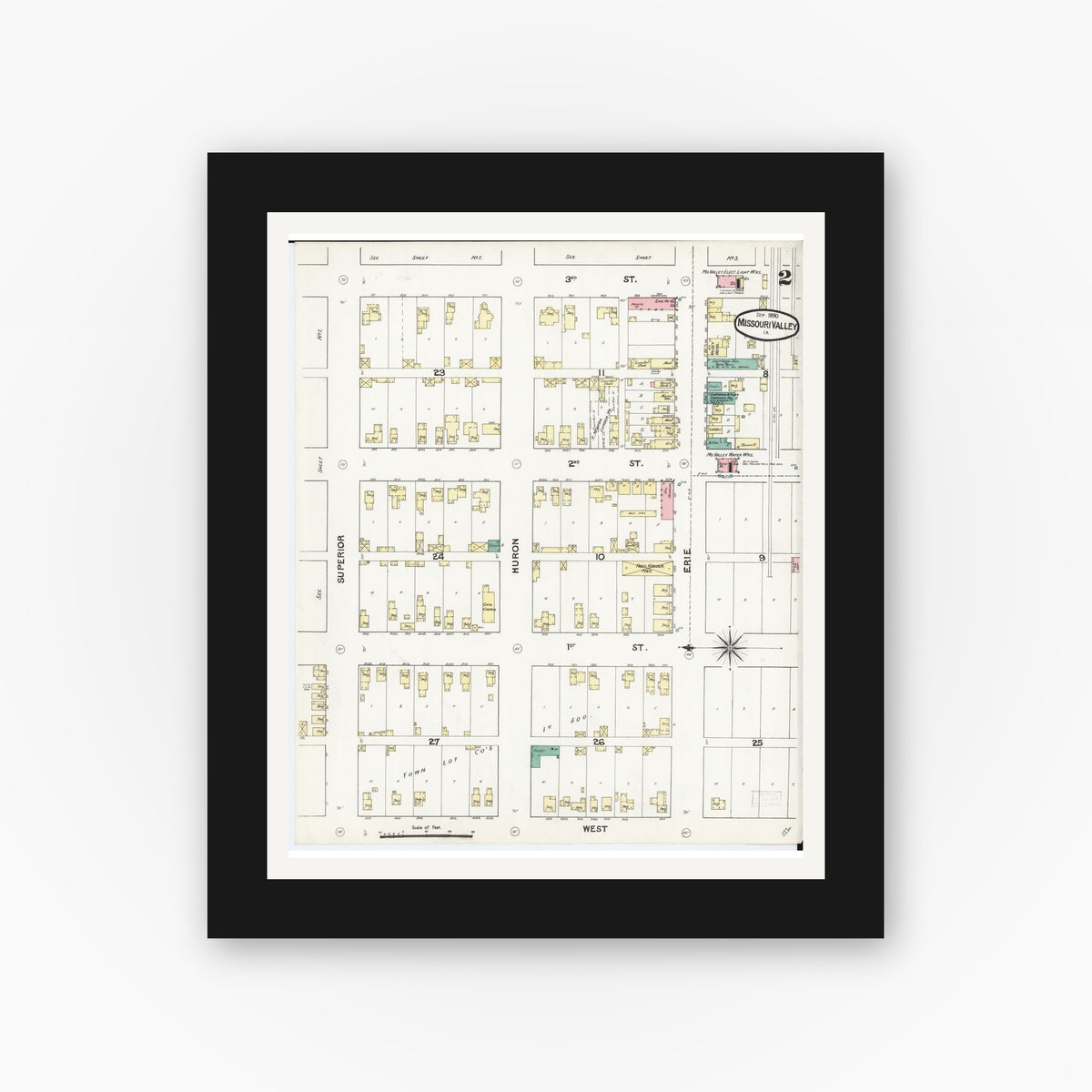 Old map wall art mockup — black gallery frame with white mat — Sanborn Fire Insurance Map from Missouri Valley, Harrison County, Iowa (1890), Sheet #0002