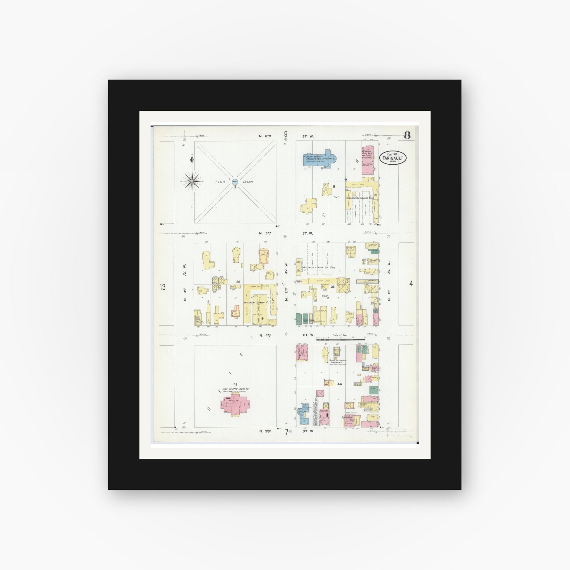 Old map wall art mockup — black gallery frame with white mat — Sanborn Fire Insurance Map from Faribault, Rice County, Minnesota (1909), Sheet #0008