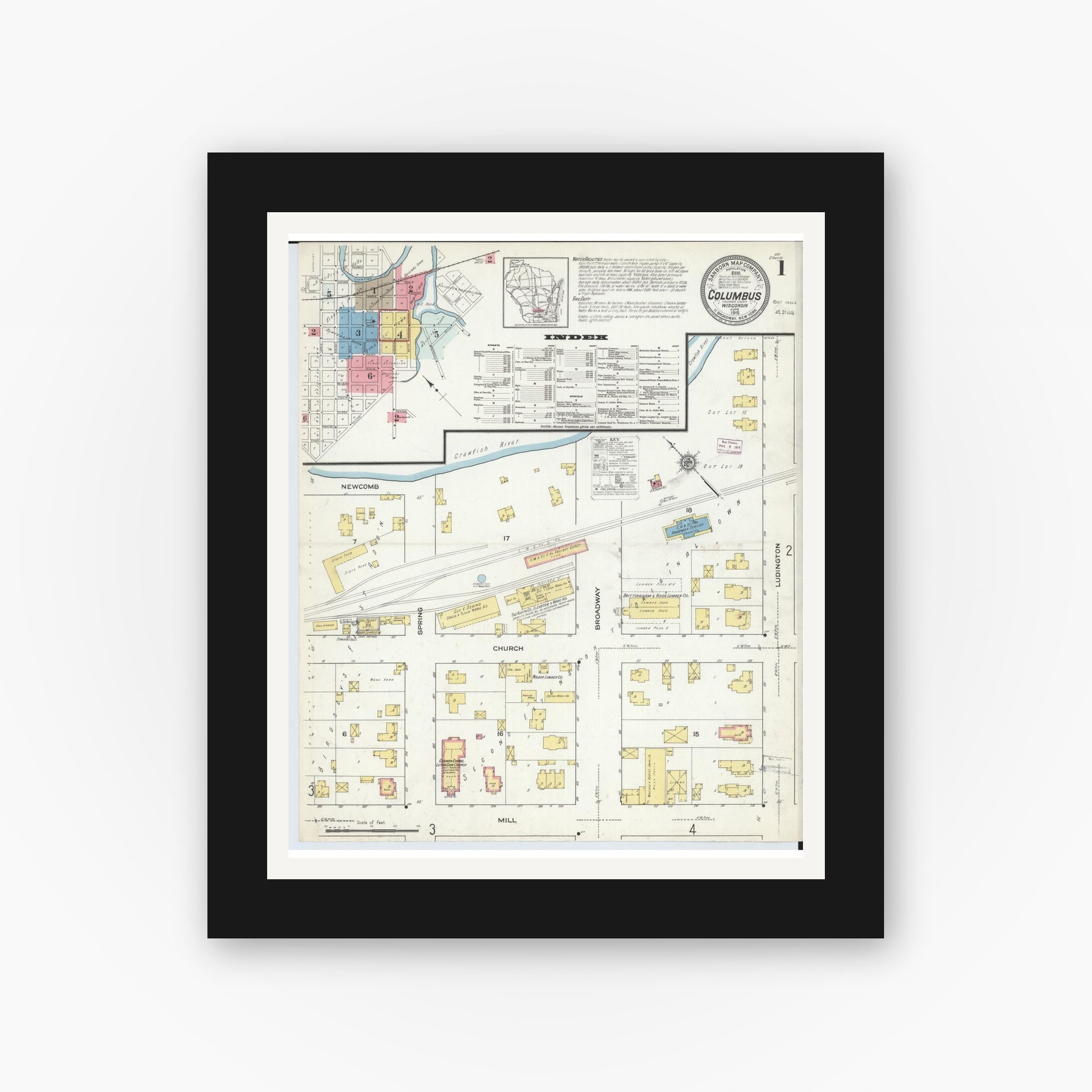 Old map wall art mockup — black gallery frame with white mat — Sanborn Fire Insurance Map from Columbus, Columbia and Dodge County, Wisconsin (1915), Sheet #0001