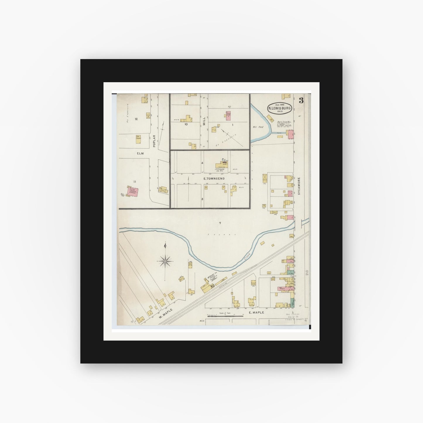 Old map wall art mockup — black gallery frame with white mat — Sanborn Fire Insurance Map from North Lewisburg, Champaign County, Ohio (1895), Sheet #0003
