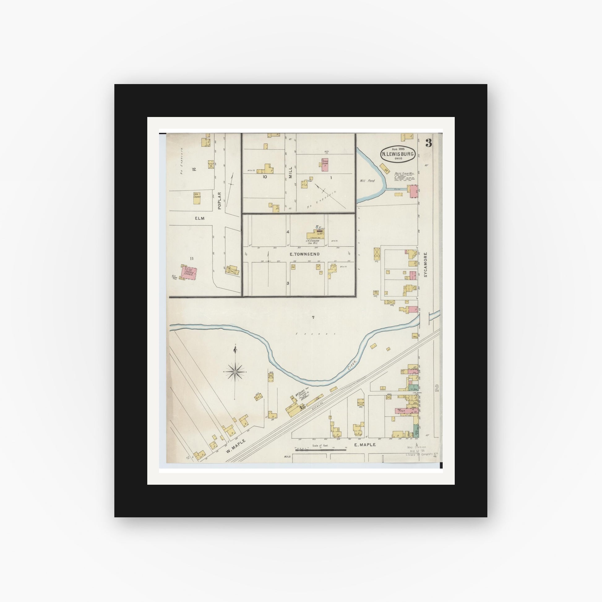Old map wall art mockup — black gallery frame with white mat — Sanborn Fire Insurance Map from North Lewisburg, Champaign County, Ohio (1895), Sheet #0003