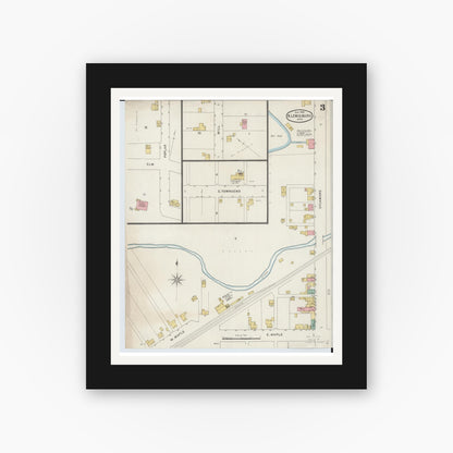 Old map wall art mockup — black gallery frame with white mat — Sanborn Fire Insurance Map from North Lewisburg, Champaign County, Ohio (1895), Sheet #0003