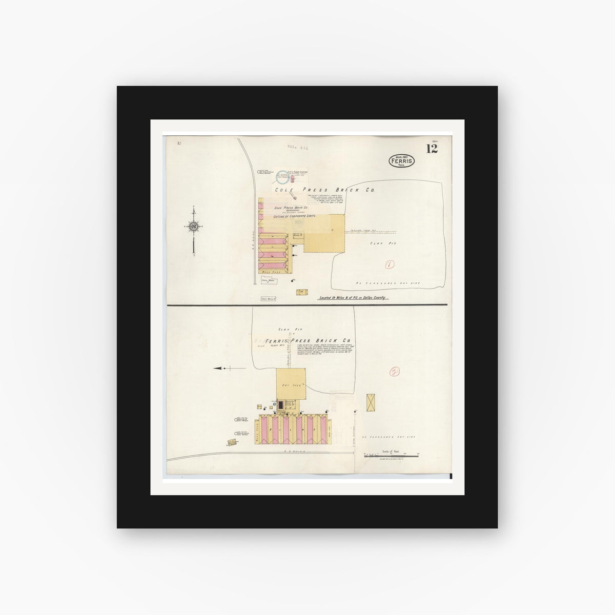 Old map wall art mockup — black gallery frame with white mat — Sanborn Fire Insurance Map from Ferris, Ellis County, Texas (1941), Sheet #0012