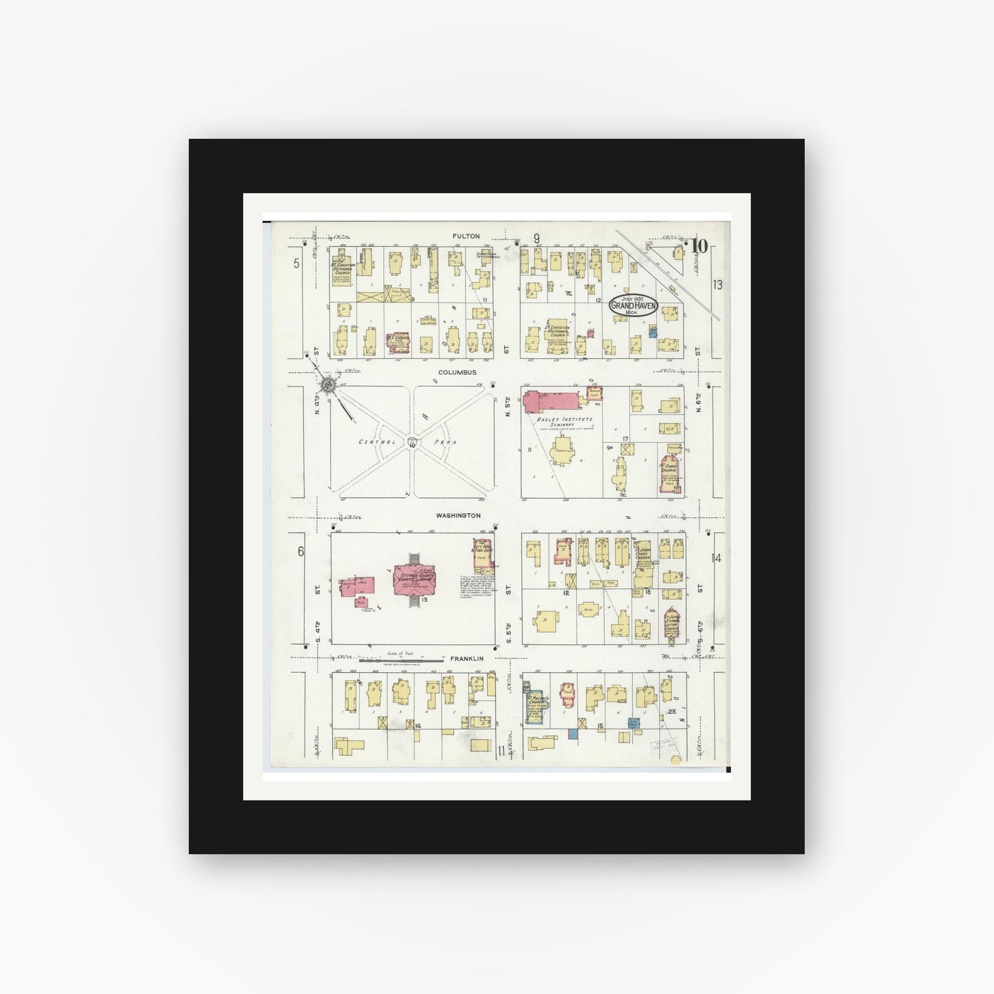 Old map wall art mockup — black gallery frame with white mat — Sanborn Fire Insurance Map from Grand Haven, Ottawa County, Michigan (1920), Sheet #0010