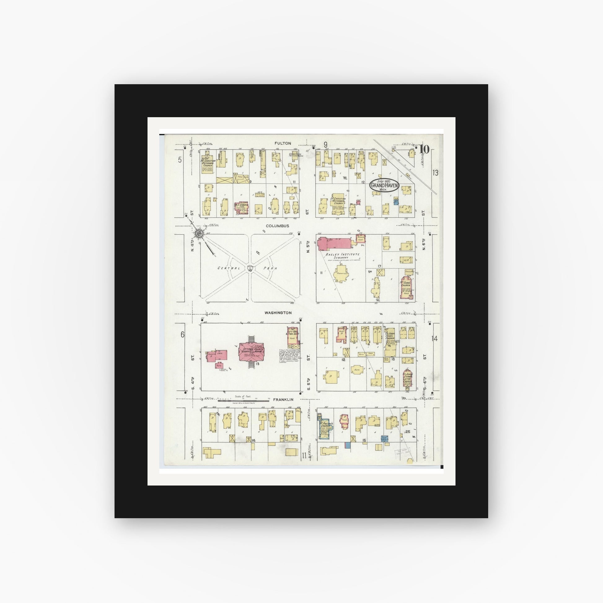 Old map wall art mockup — black gallery frame with white mat — Sanborn Fire Insurance Map from Grand Haven, Ottawa County, Michigan (1920), Sheet #0010