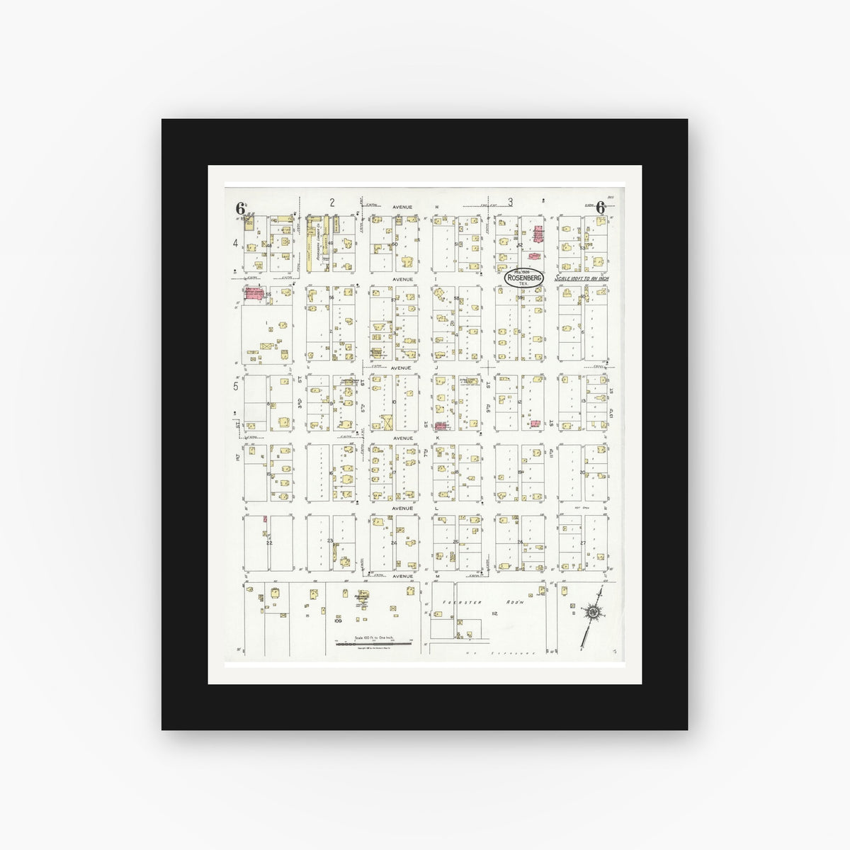 Old map wall art mockup — black gallery frame with white mat — Sanborn Fire Insurance Map from Rosenberg, Fort Bend County, Texas (1926), Sheet #0006