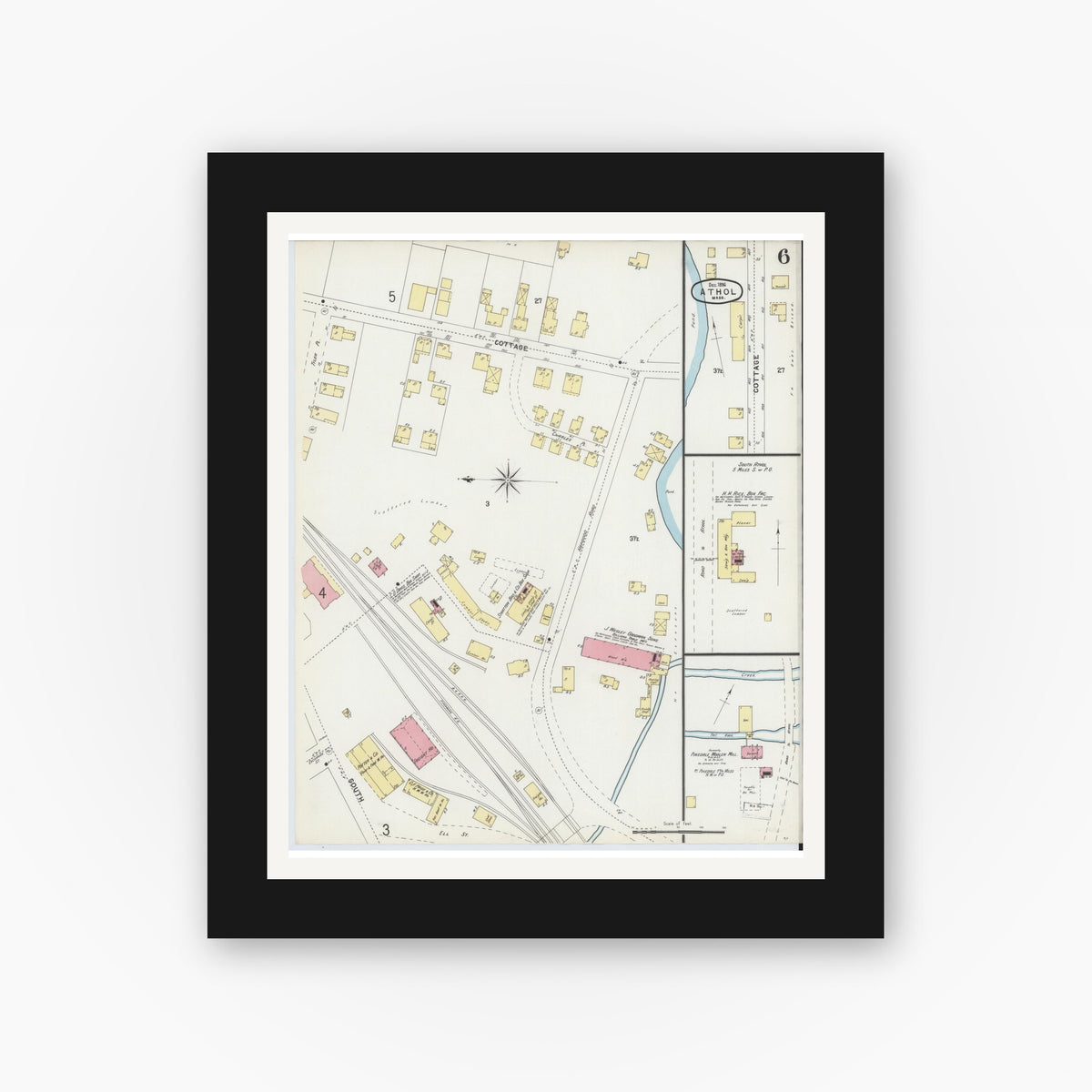 Old map wall art mockup — black gallery frame with white mat — Sanborn Fire Insurance Map from Athol, Worcester County, Massachusetts (1896), Sheet #0006