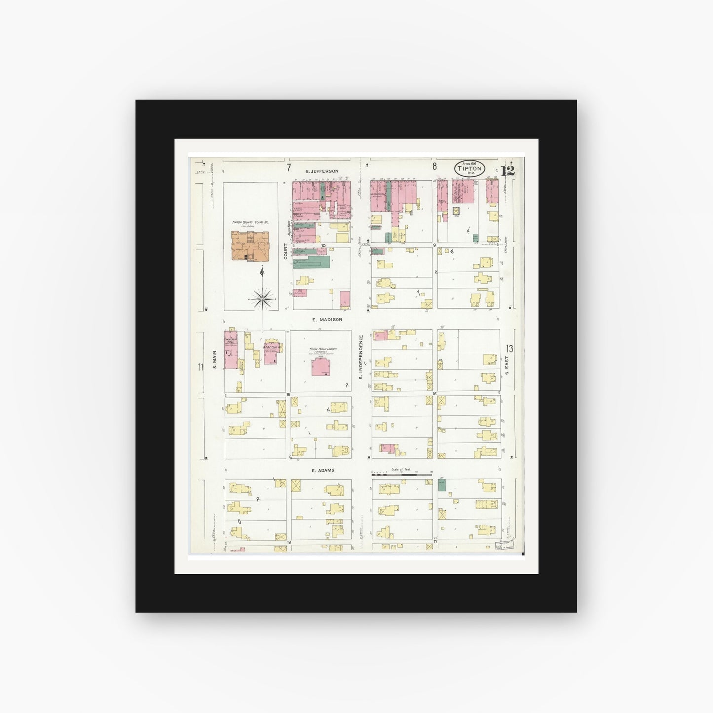 Old map wall art mockup — black gallery frame with white mat — Sanborn Fire Insurance Map from Tipton, Tipton County, Indiana (1909), Sheet #0012