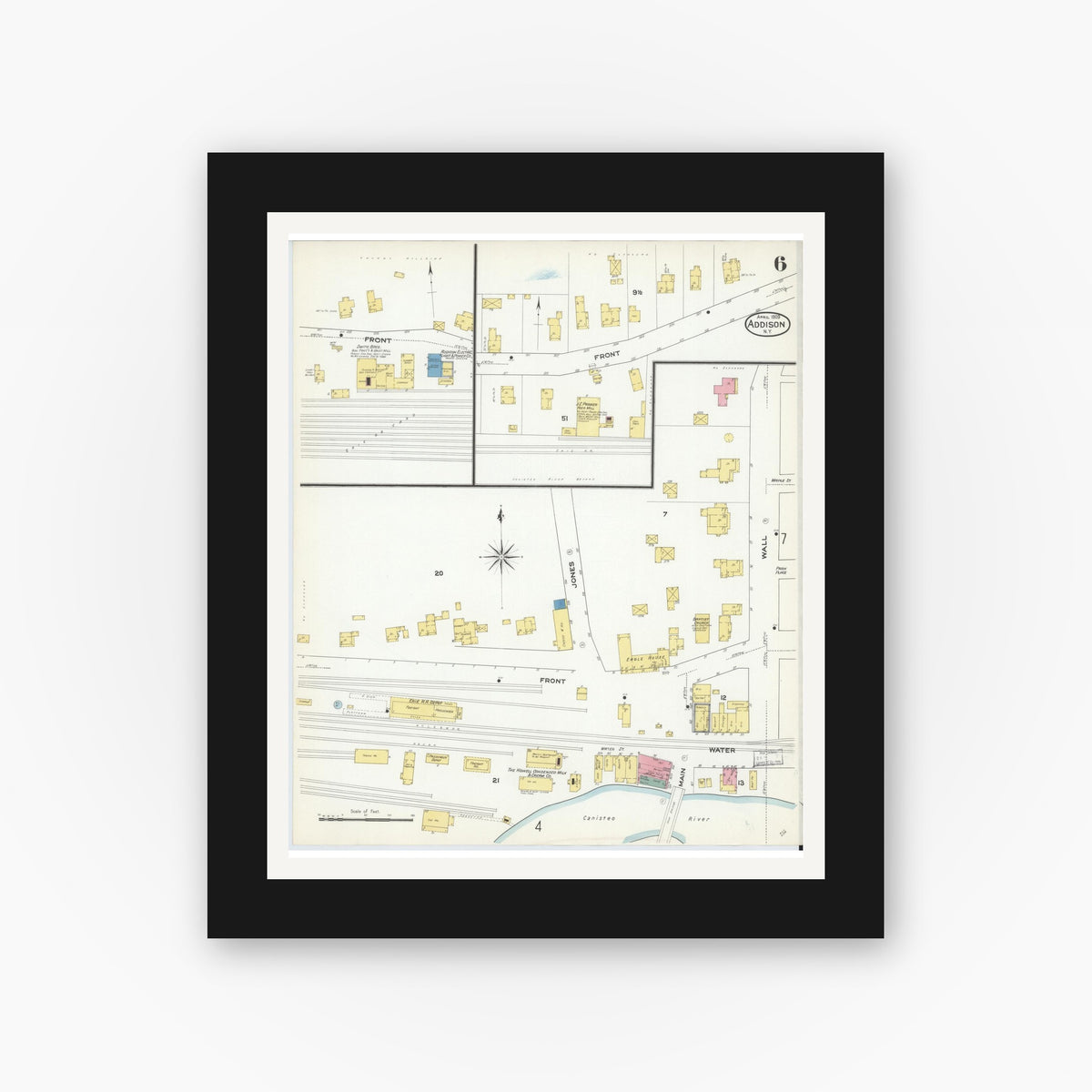 Old map wall art mockup — black gallery frame with white mat — Sanborn Fire Insurance Map from Addison, Steuben County, New York (1909), Sheet #0006