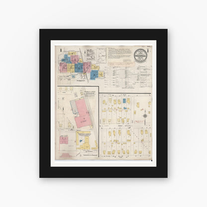 Old map wall art mockup — black gallery frame with white mat — Sanborn Fire Insurance Map from Greenwood, Johnson County, Indiana (1940) - Complete Map Set