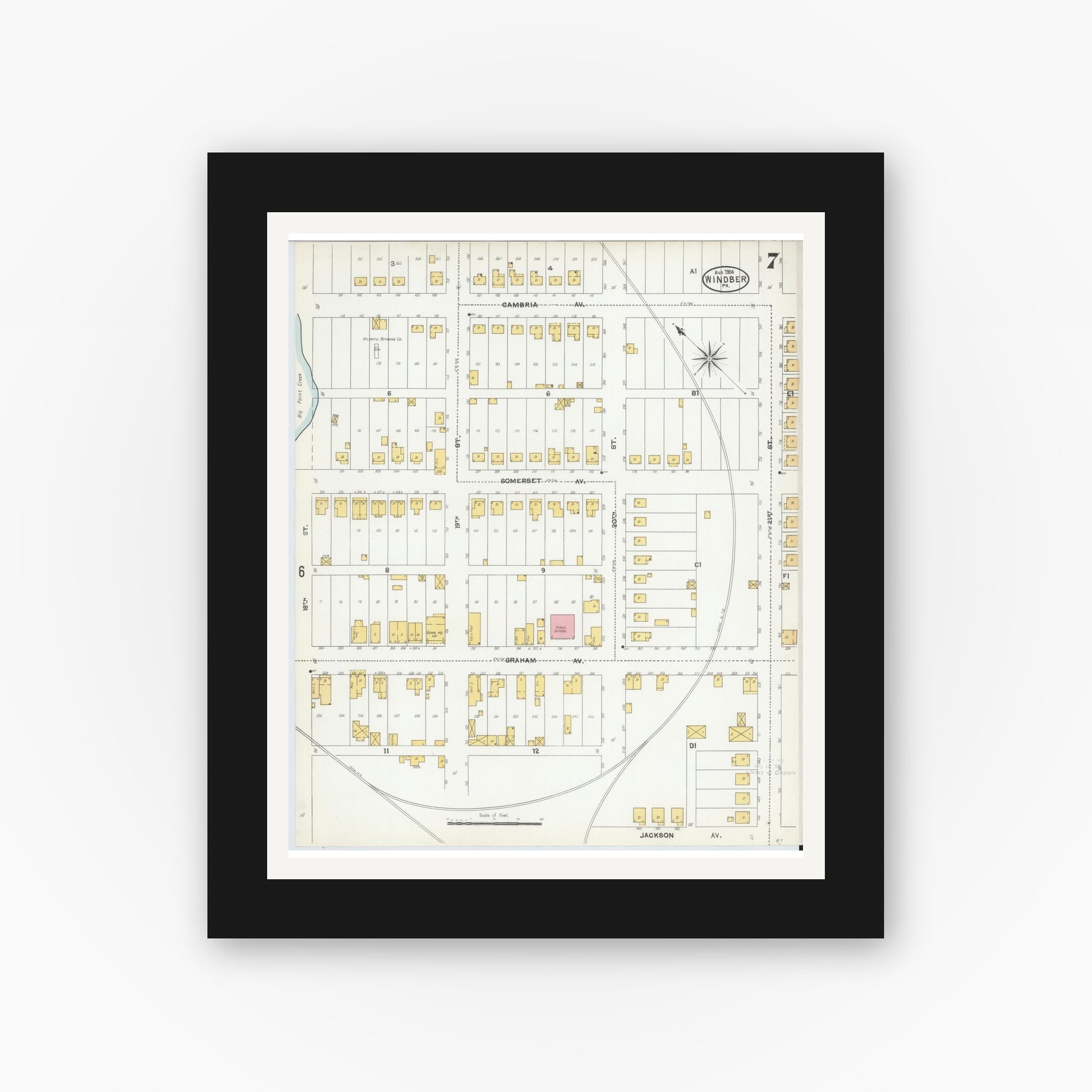 Old map wall art mockup — black gallery frame with white mat — Sanborn Fire Insurance Map from Windber, Somerset County, Pennsylvania (1904), Sheet #0007