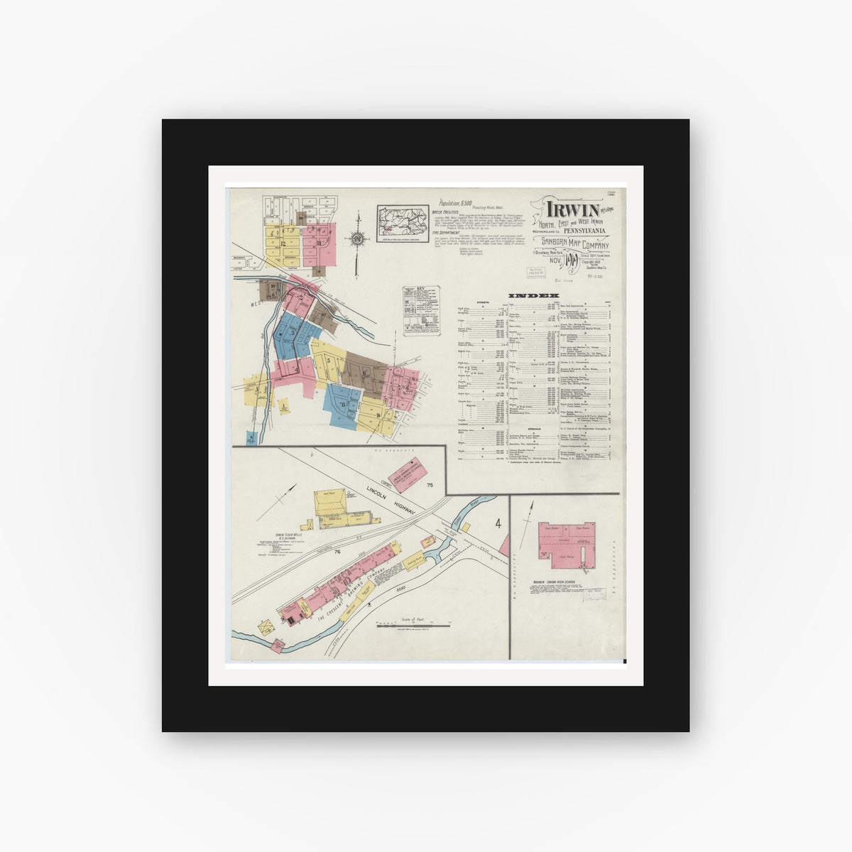 Old map wall art mockup — black gallery frame with white mat — Sanborn Fire Insurance Map from Irwin, Westmoreland County, Pennsylvania (1919) - Complete Map Set