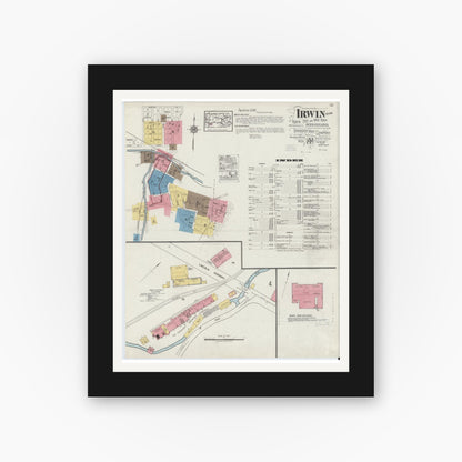 Old map wall art mockup — black gallery frame with white mat — Sanborn Fire Insurance Map from Irwin, Westmoreland County, Pennsylvania (1919) - Complete Map Set