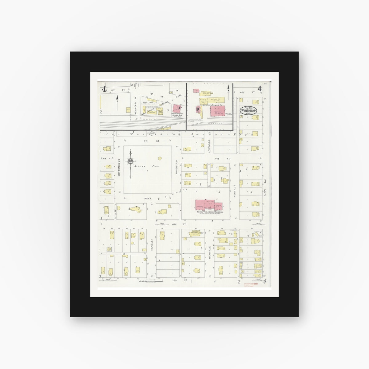 Old map wall art mockup — black gallery frame with white mat — Sanborn Fire Insurance Map from Winthrop, Sibley County, Minnesota (1930), Sheet #0004