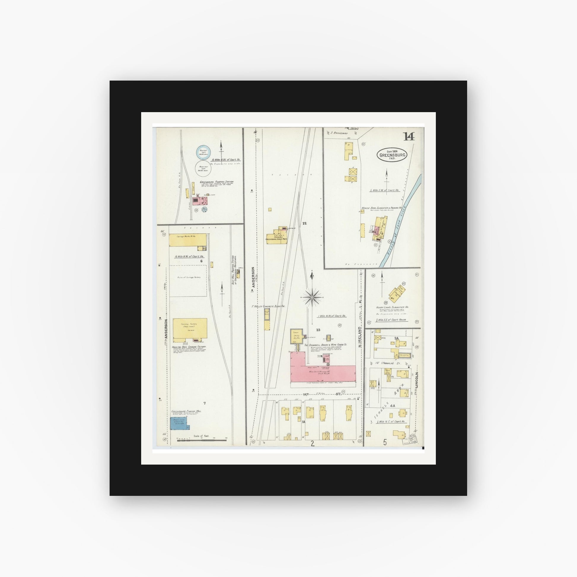 Old map wall art mockup — black gallery frame with white mat — Sanborn Fire Insurance Map from Greensburg, Decatur County, Indiana (1906), Sheet #0014