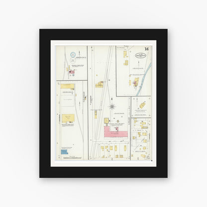 Old map wall art mockup — black gallery frame with white mat — Sanborn Fire Insurance Map from Greensburg, Decatur County, Indiana (1906), Sheet #0014