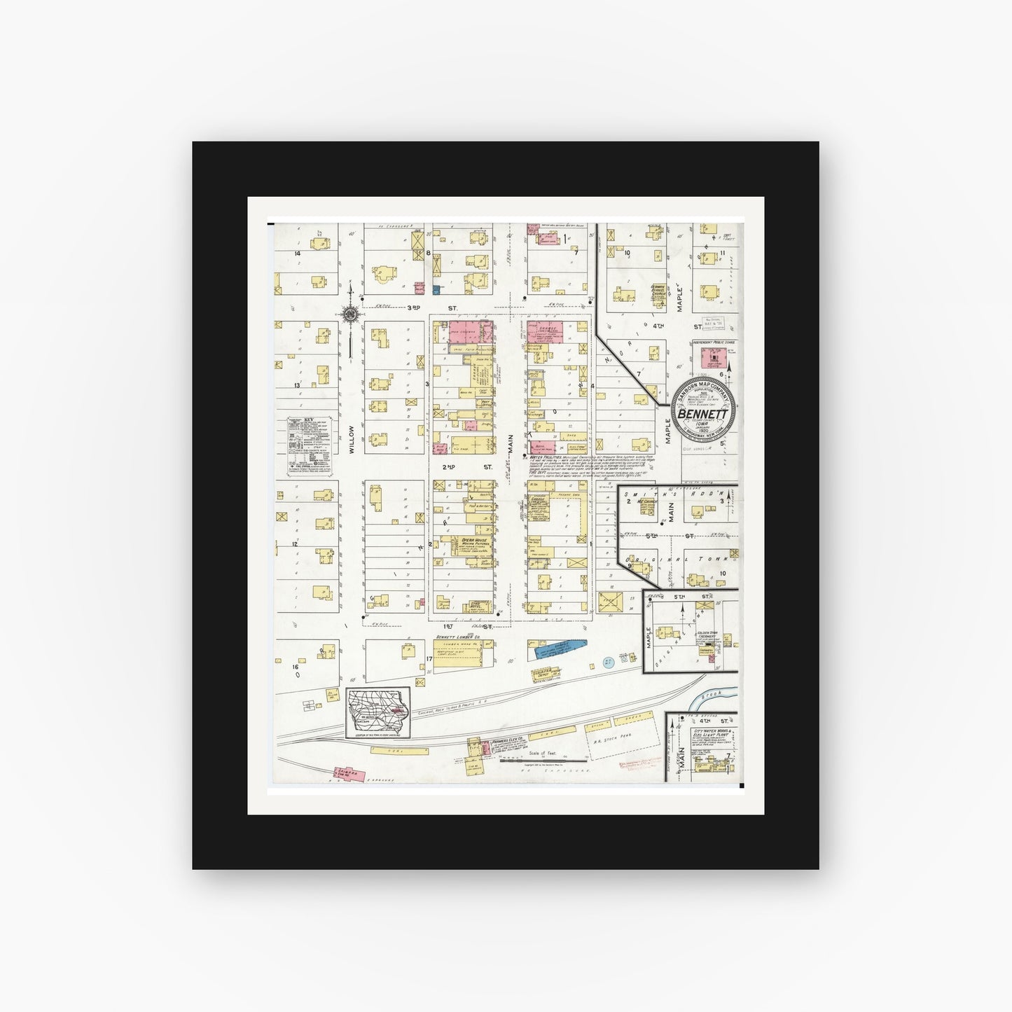 Old map wall art mockup — black gallery frame with white mat — Sanborn Fire Insurance Map from Bennett, Cedar County, Iowa (1920), Sheet #0001