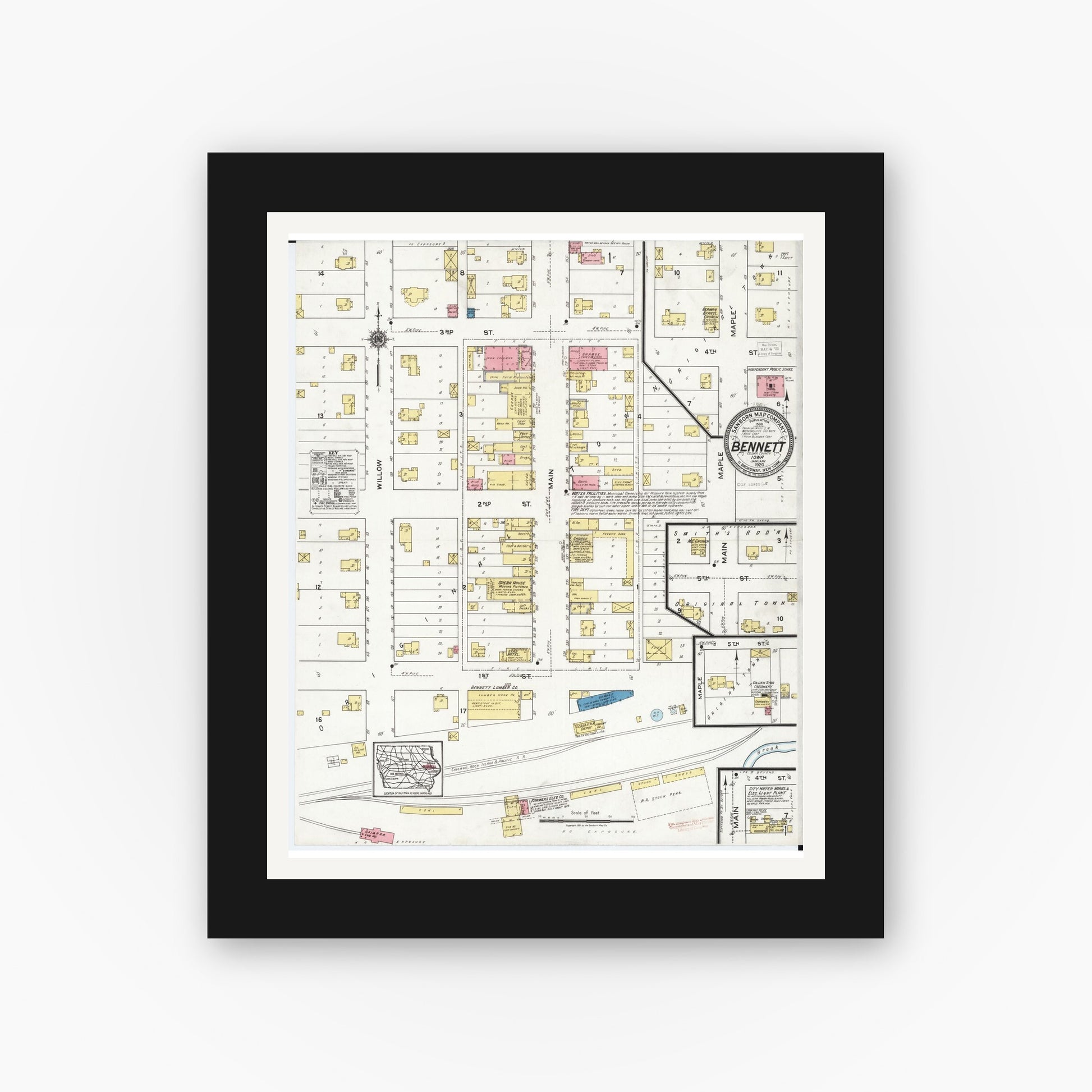 Old map wall art mockup — black gallery frame with white mat — Sanborn Fire Insurance Map from Bennett, Cedar County, Iowa (1920), Sheet #0001