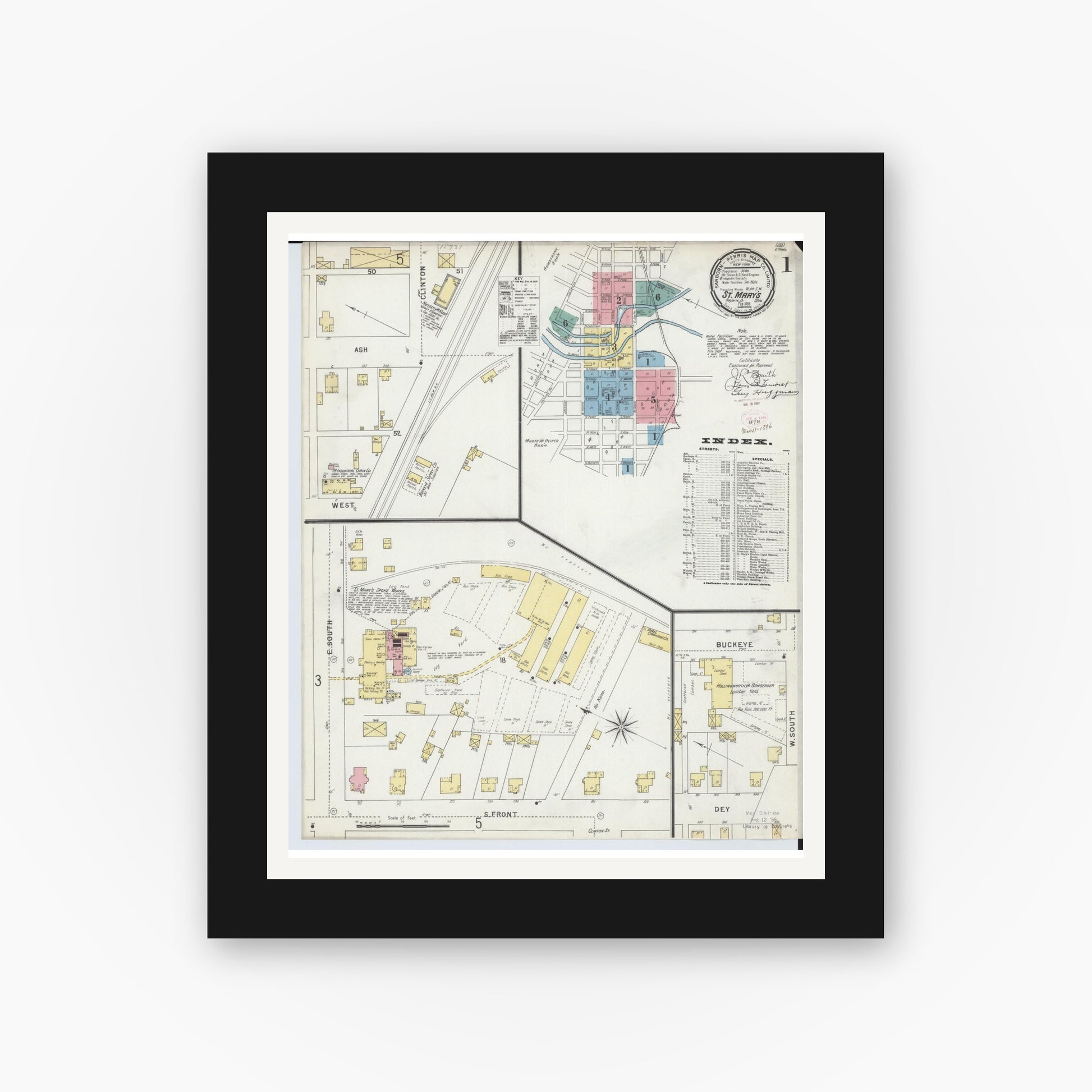 Old map wall art mockup — black gallery frame with white mat — Sanborn Fire Insurance Map from Saint Marys, Auglaize County, Ohio (1896) - Complete Map Set