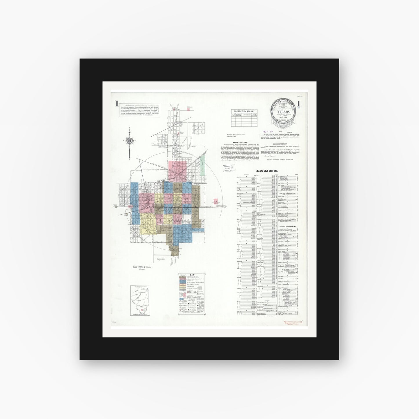 Old map wall art mockup — black gallery frame with white mat — Sanborn Fire Insurance Map from Herrin, Williamson County, Illinois (1941) - Complete Map Set