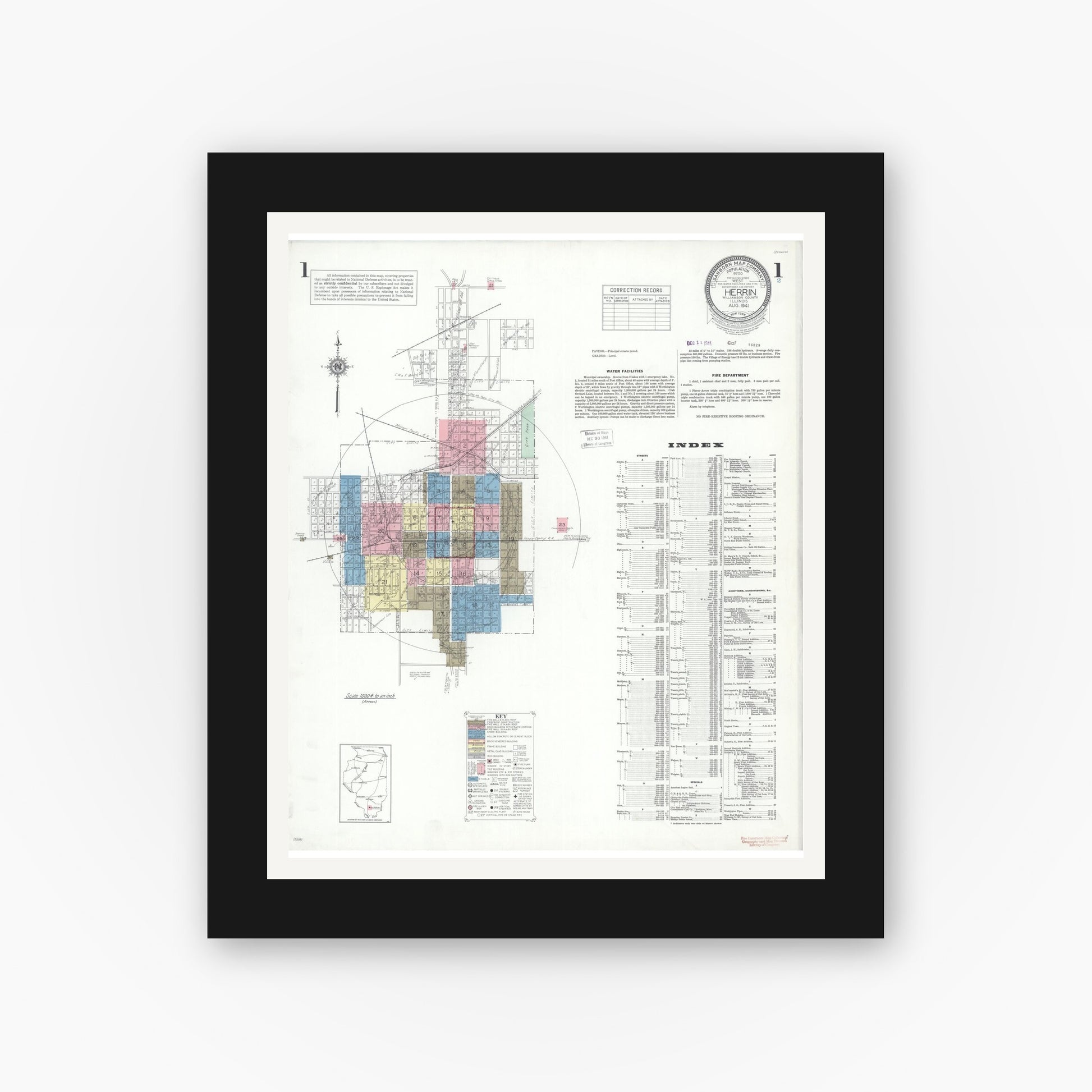 Old map wall art mockup — black gallery frame with white mat — Sanborn Fire Insurance Map from Herrin, Williamson County, Illinois (1941) - Complete Map Set