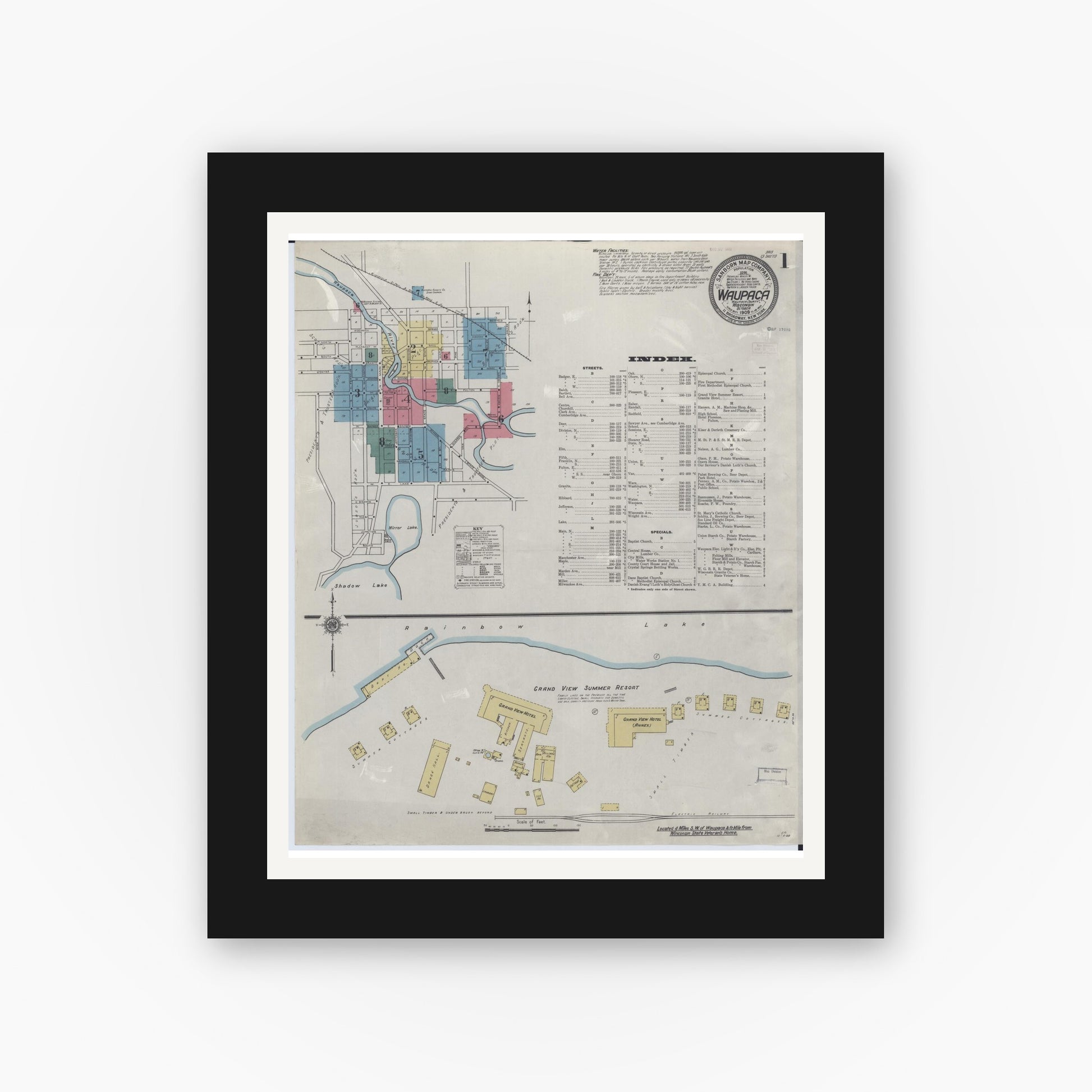 Old map wall art mockup — black gallery frame with white mat — Sanborn Fire Insurance Map from Waupaca, Waupaca County, Wisconsin (1909) - Complete Map Set