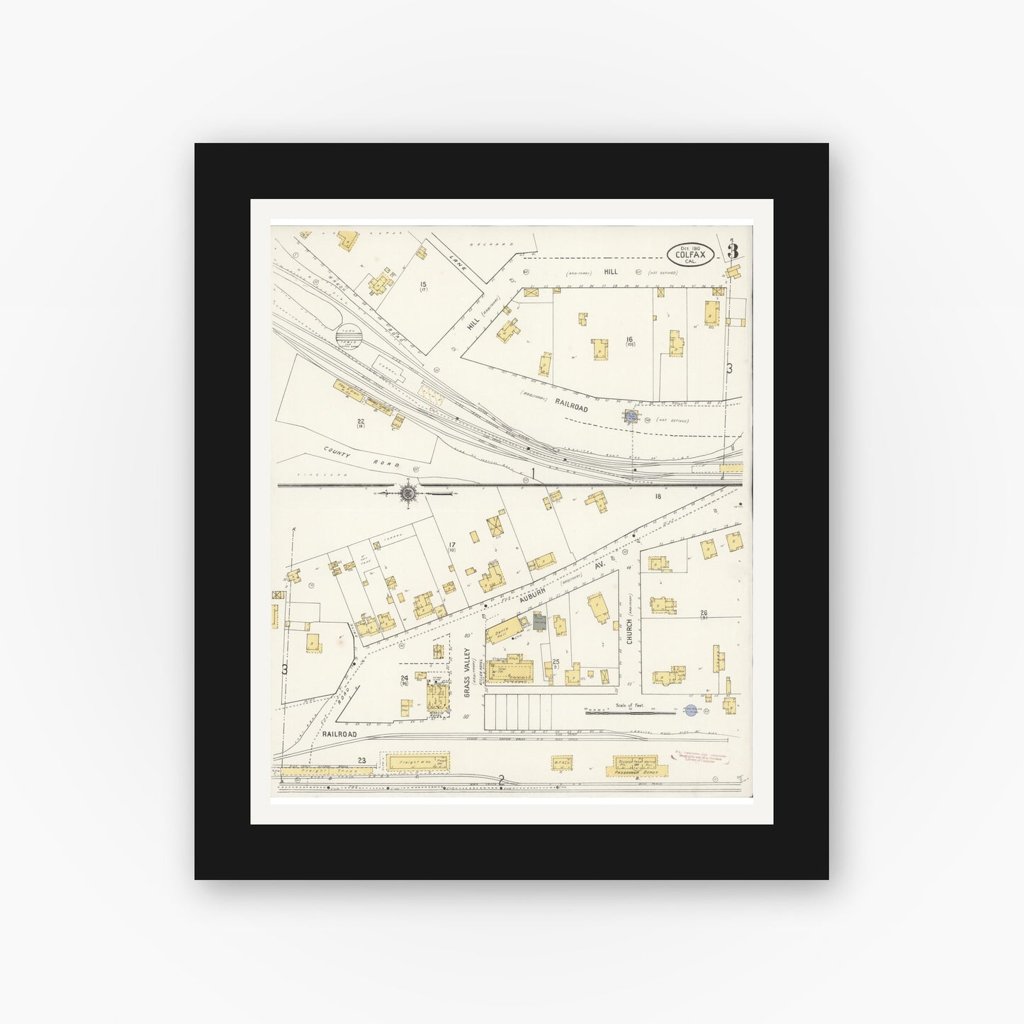 Old map wall art mockup — black gallery frame with white mat — Sanborn Fire Insurance Map from Colfax, Placer County, California (1910), Sheet #0003