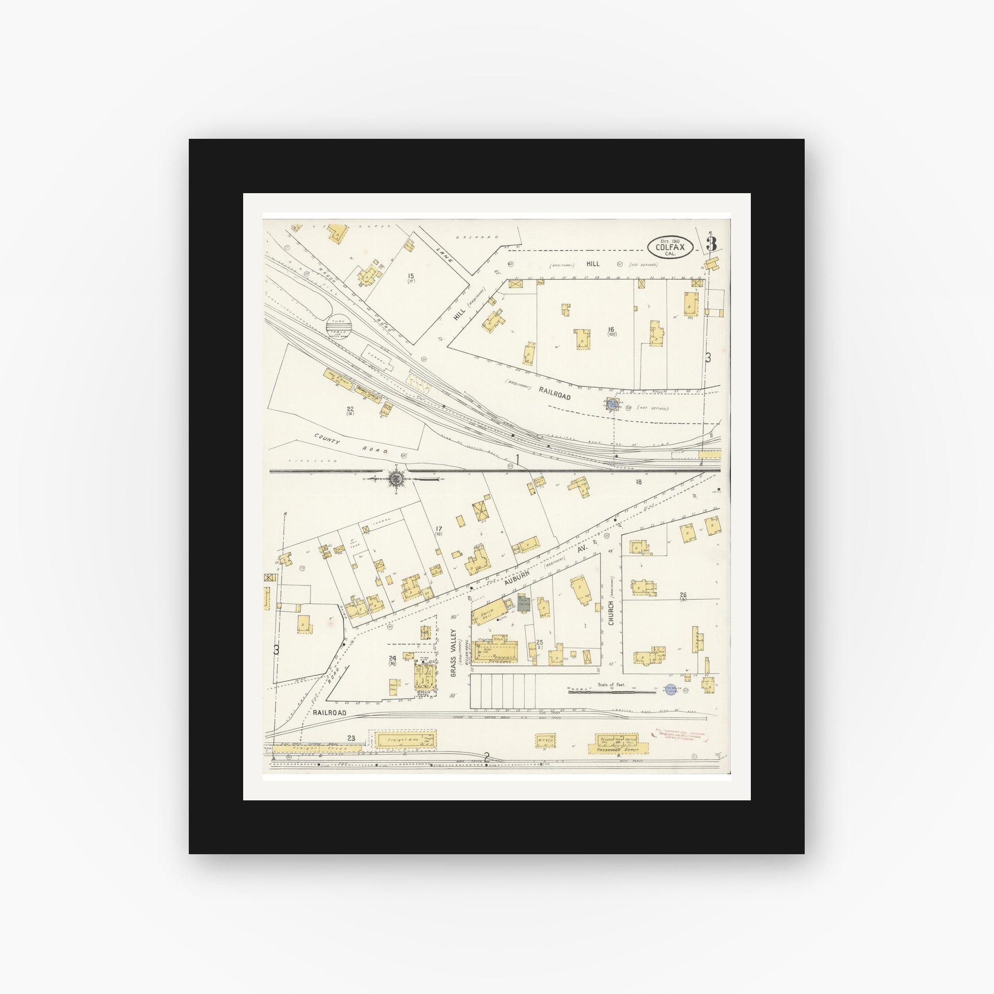 Old map wall art mockup — black gallery frame with white mat — Sanborn Fire Insurance Map from Colfax, Placer County, California (1910), Sheet #0003