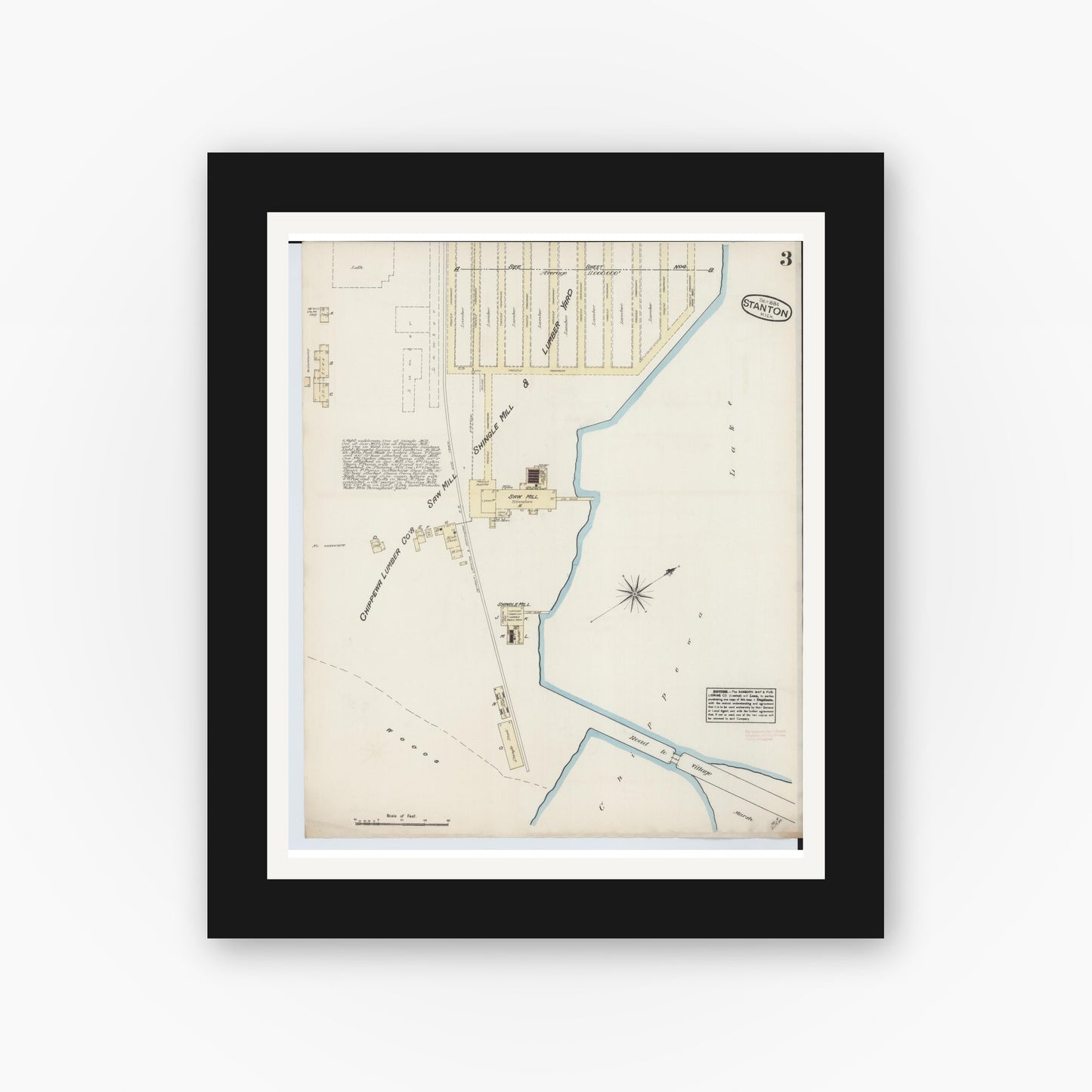 Old map wall art mockup — black gallery frame with white mat — Sanborn Fire Insurance Map from Stanton, Montcalm County, Michigan (1884), Sheet #0003