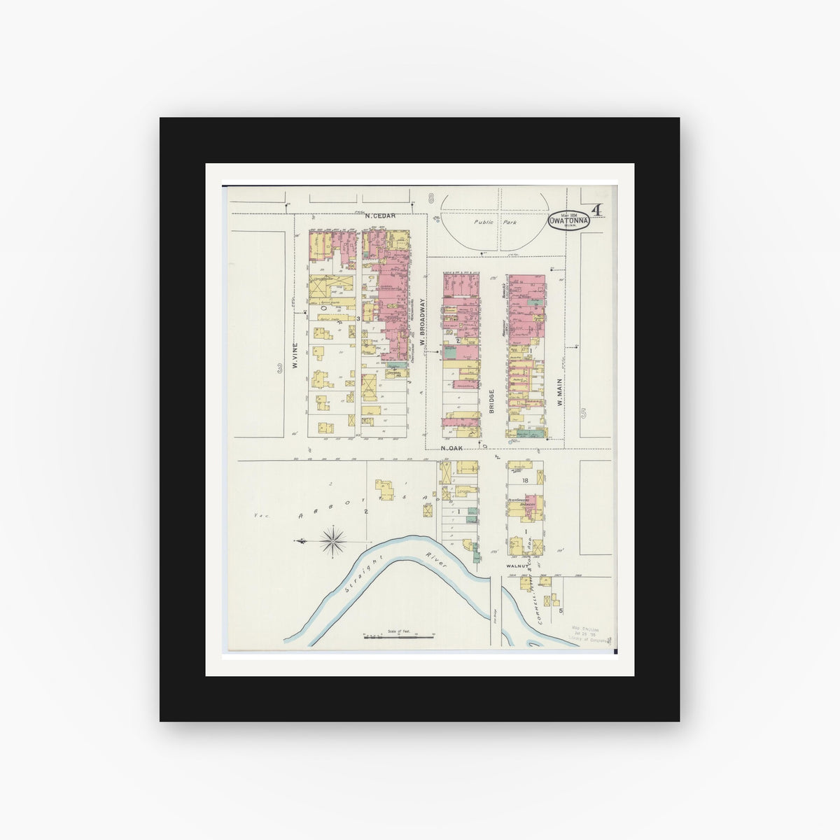 Old map wall art mockup — black gallery frame with white mat — Sanborn Fire Insurance Map from Owatonna, Steele County, Minnesota (1894), Sheet #0004