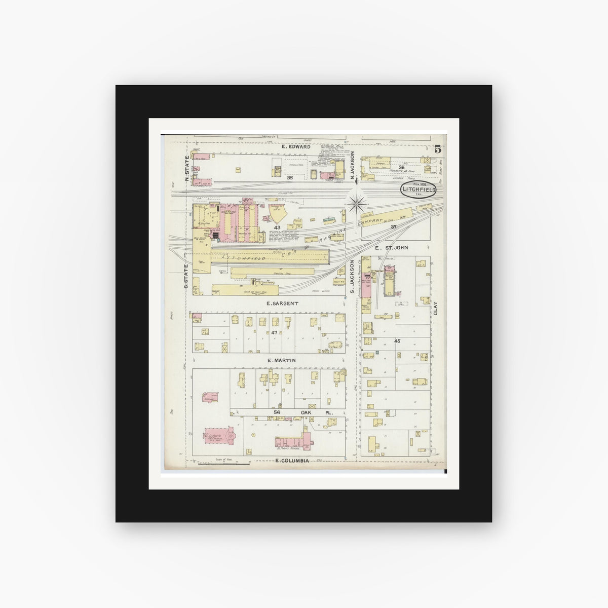 Old map wall art mockup — black gallery frame with white mat — Sanborn Fire Insurance Map from Litchfield, Montgomery County, Illinois (1892), Sheet #0005