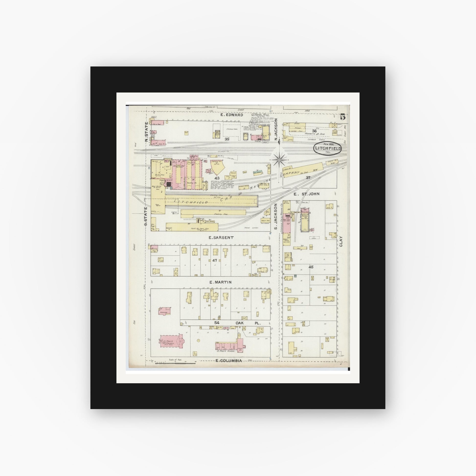 Old map wall art mockup — black gallery frame with white mat — Sanborn Fire Insurance Map from Litchfield, Montgomery County, Illinois (1892), Sheet #0005