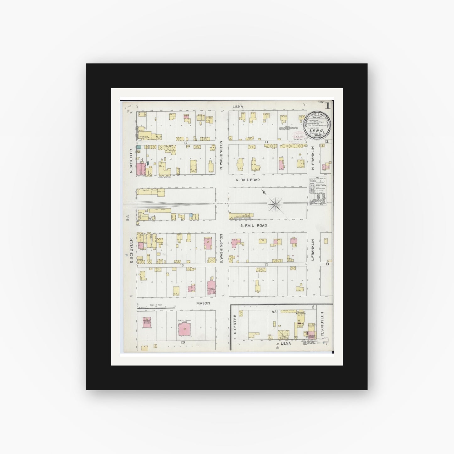 Old map wall art mockup — black gallery frame with white mat — Sanborn Fire Insurance Map from Lena, Stephenson County, Illinois (1893) - Complete Map Set