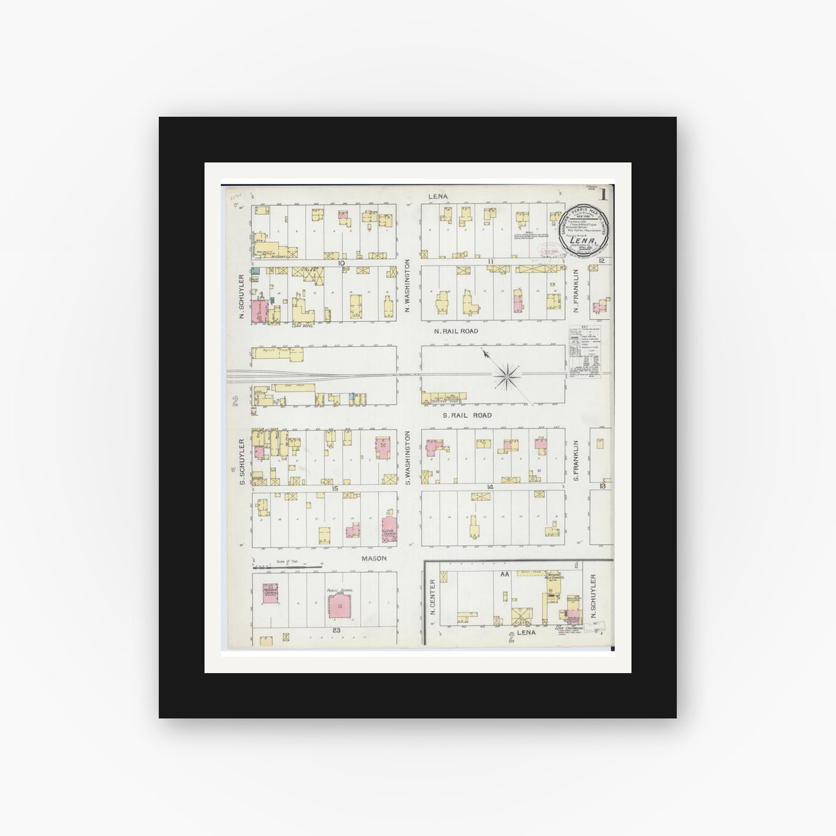 Old map wall art mockup — black gallery frame with white mat — Sanborn Fire Insurance Map from Lena, Stephenson County, Illinois (1893) - Complete Map Set
