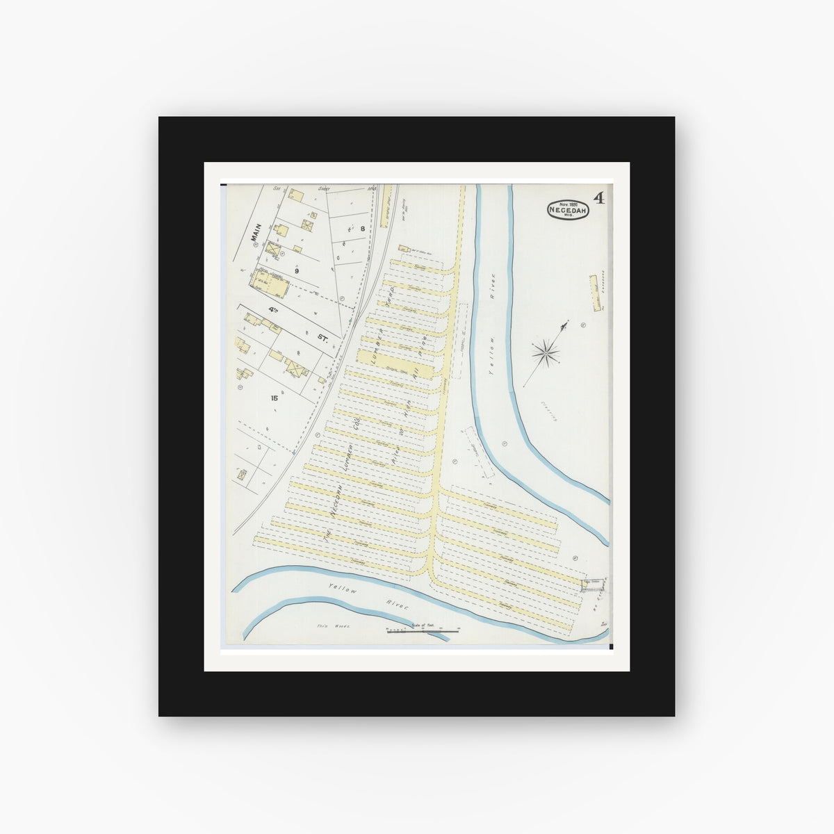 Old map wall art mockup — black gallery frame with white mat — Sanborn Fire Insurance Map from Necedah, Juneau County, Wisconsin (1891), Sheet #0004