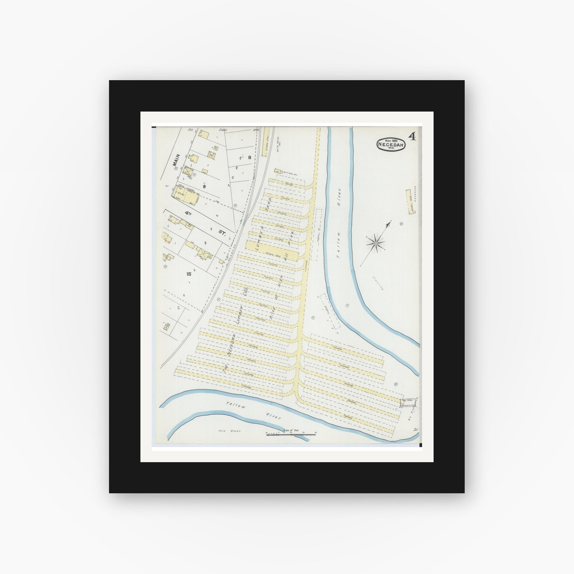 Old map wall art mockup — black gallery frame with white mat — Sanborn Fire Insurance Map from Necedah, Juneau County, Wisconsin (1891), Sheet #0004