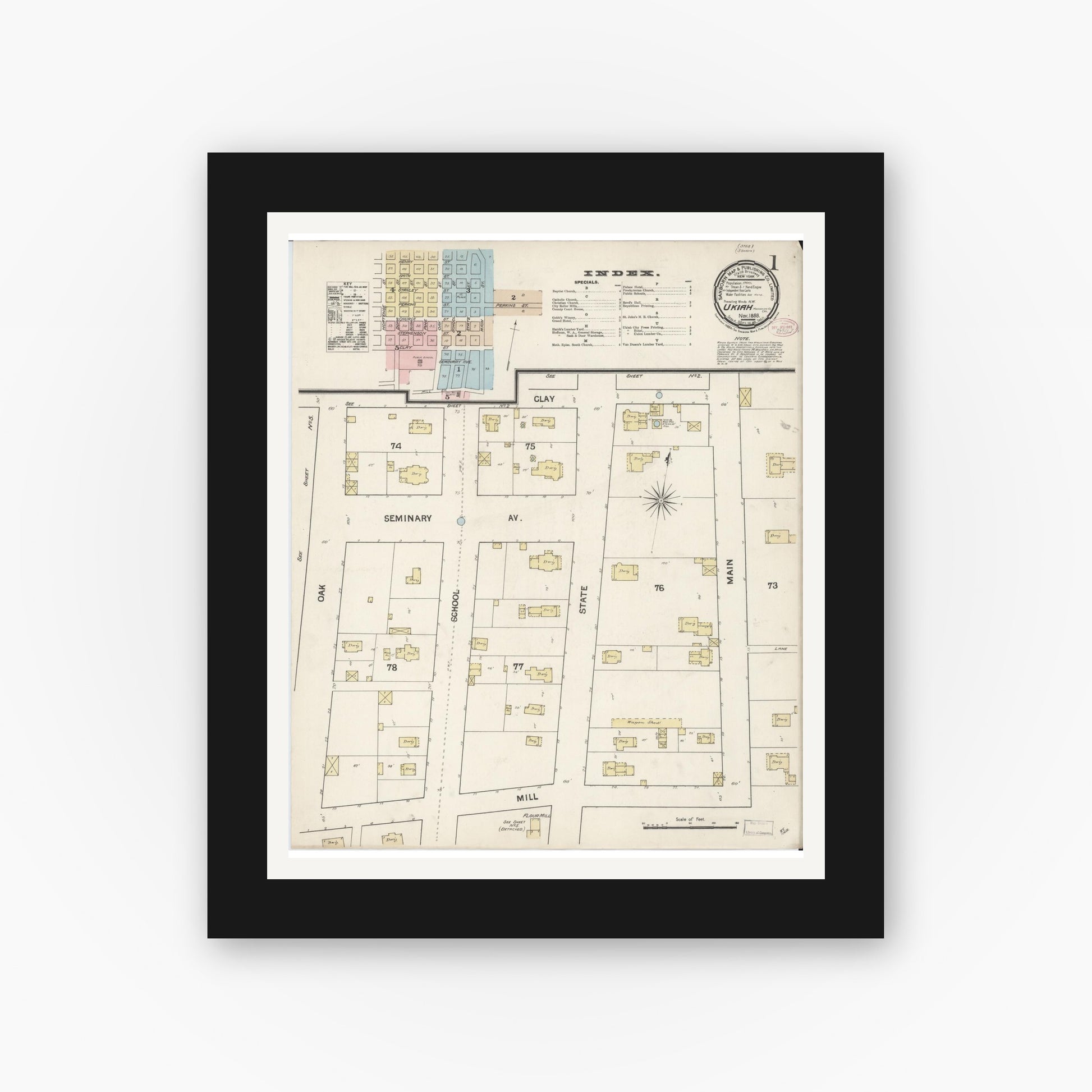 Old map wall art mockup — black gallery frame with white mat — Sanborn Fire Insurance Map from Ukiah, Mendocino County, California (1888) - Complete Map Set