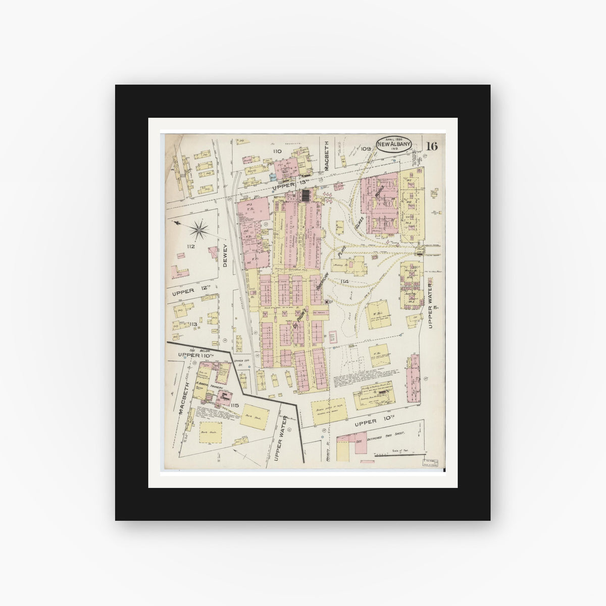 Old map wall art mockup — black gallery frame with white mat — Sanborn Fire Insurance Map from New Albany, Floyd County, Indiana (1886), Sheet #0016