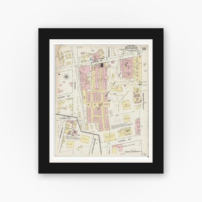 Old map wall art mockup — black gallery frame with white mat — Sanborn Fire Insurance Map from New Albany, Floyd County, Indiana (1886), Sheet #0016