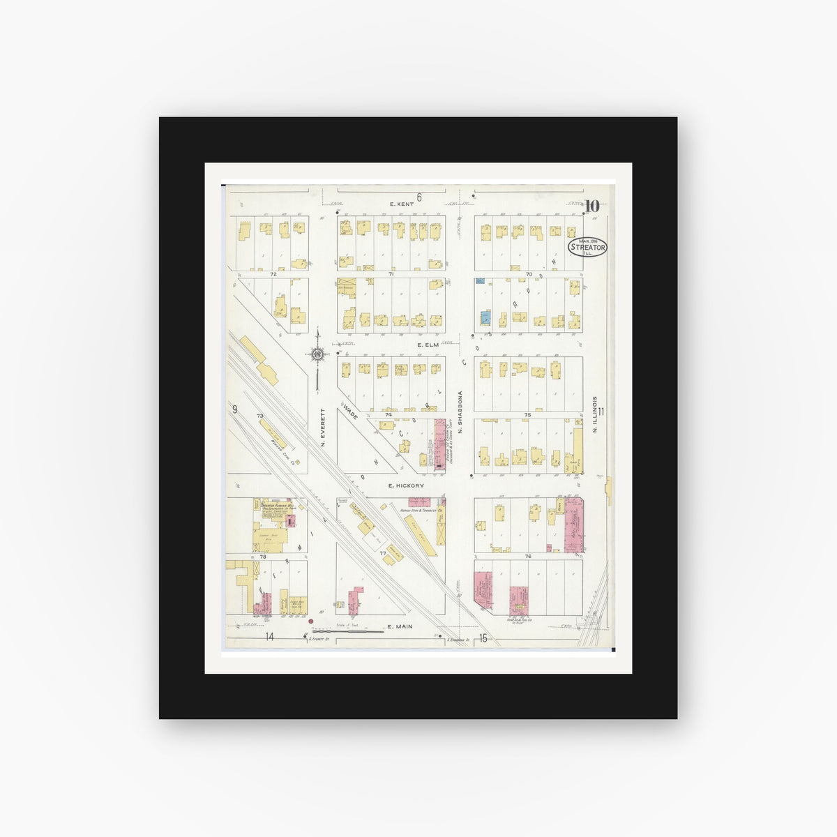 Old map wall art mockup — black gallery frame with white mat — Sanborn Fire Insurance Map from Streator, La Salle County, Illinois (1916), Sheet #0010