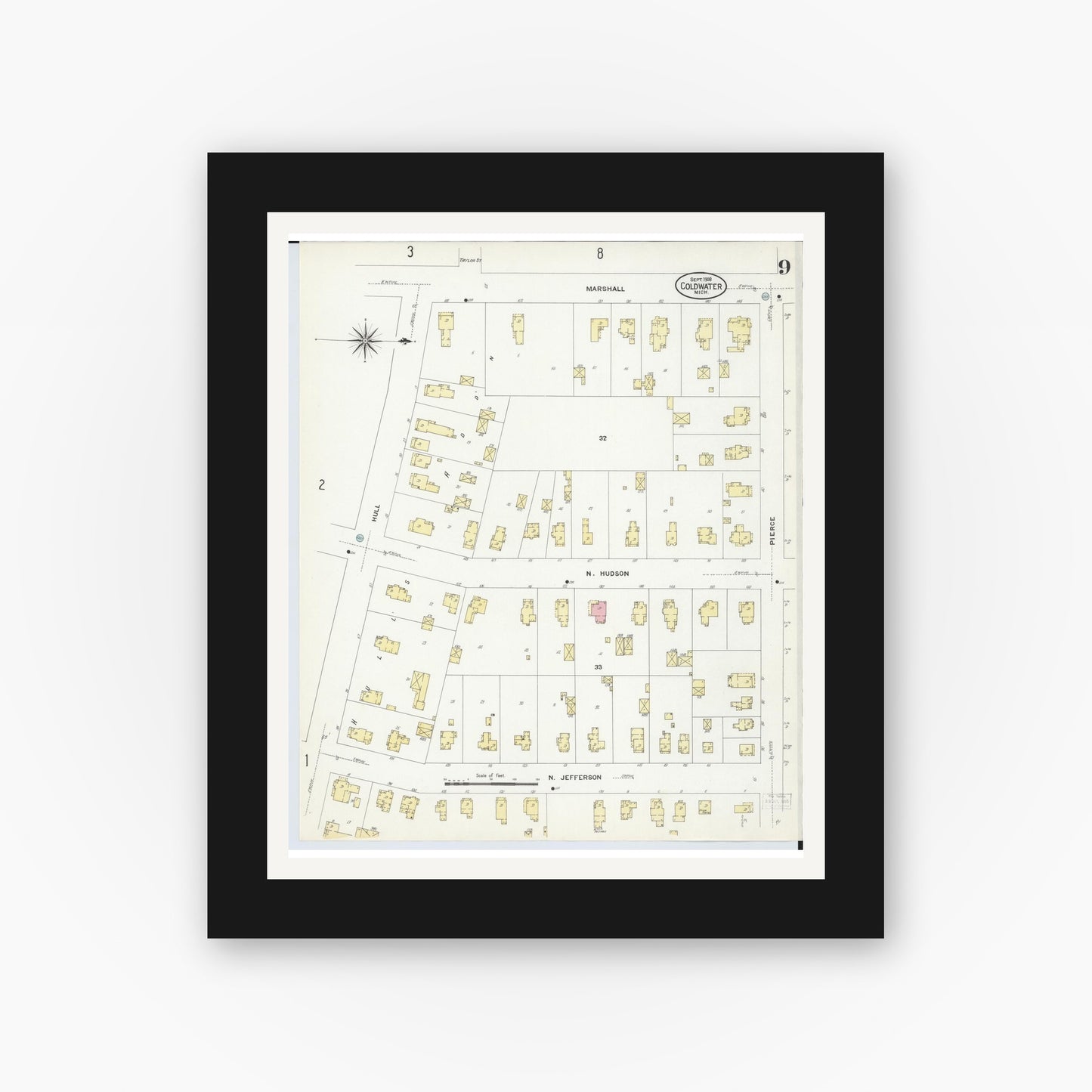 Old map wall art mockup — black gallery frame with white mat — Sanborn Fire Insurance Map from Coldwater, Branch County, Michigan (1908), Sheet #0009