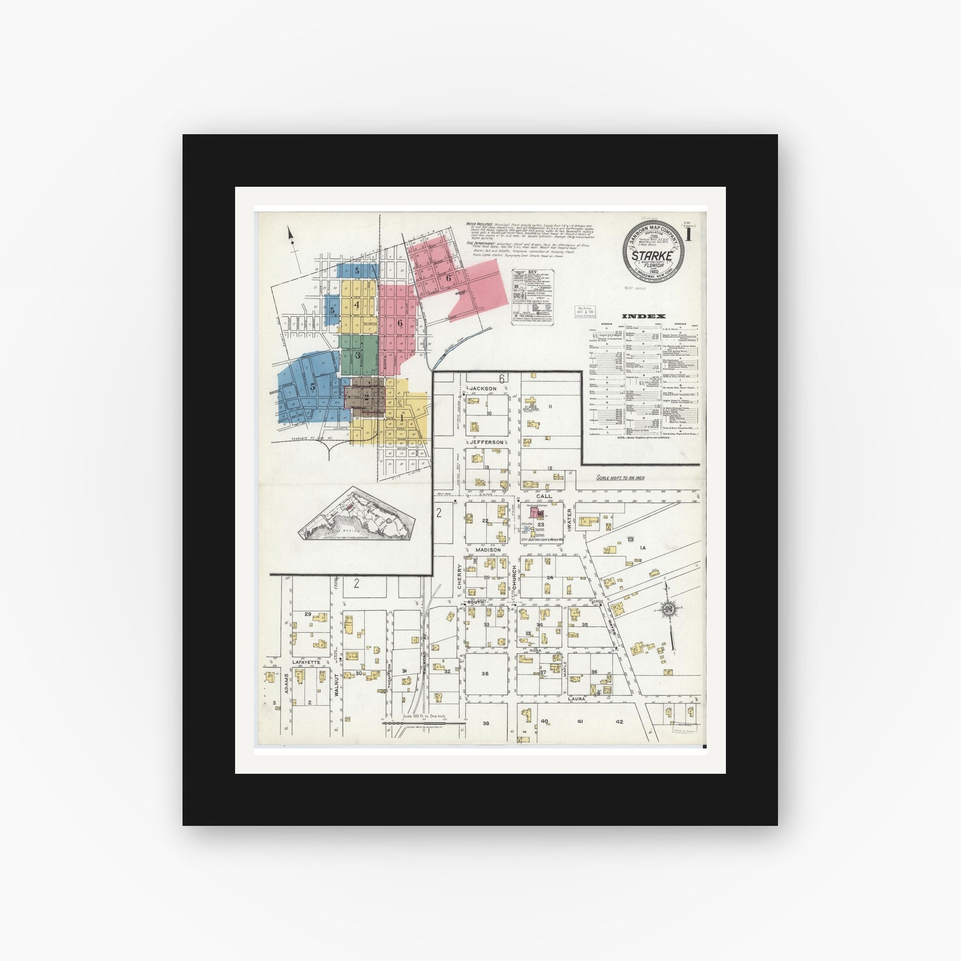 Old map wall art mockup — black gallery frame with white mat — Sanborn Fire Insurance Map from Starke, Bradford County, Florida (1920) - Complete Map Set