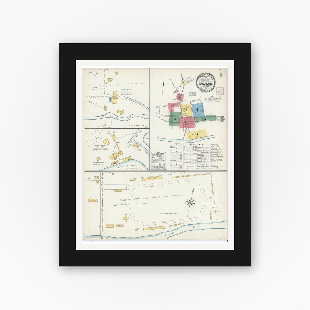 Old map wall art mockup — black gallery frame with white mat — Sanborn Fire Insurance Map from Cobleskill, Schoharie County, New York (1904) - Complete Map Set