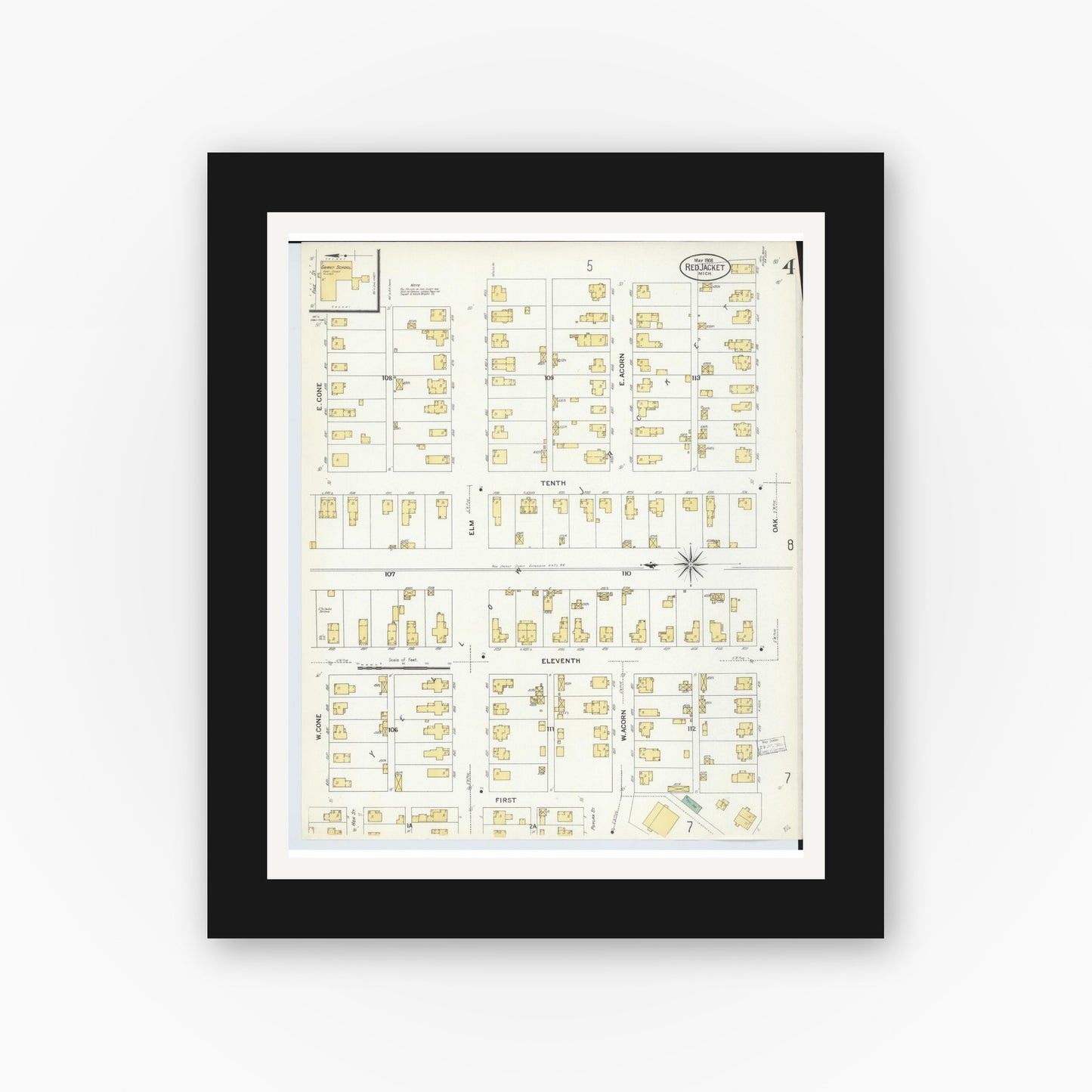Old map wall art mockup — black gallery frame with white mat — Sanborn Fire Insurance Map from Red Jacket, Houghton County, Michigan (1908), Sheet #0004