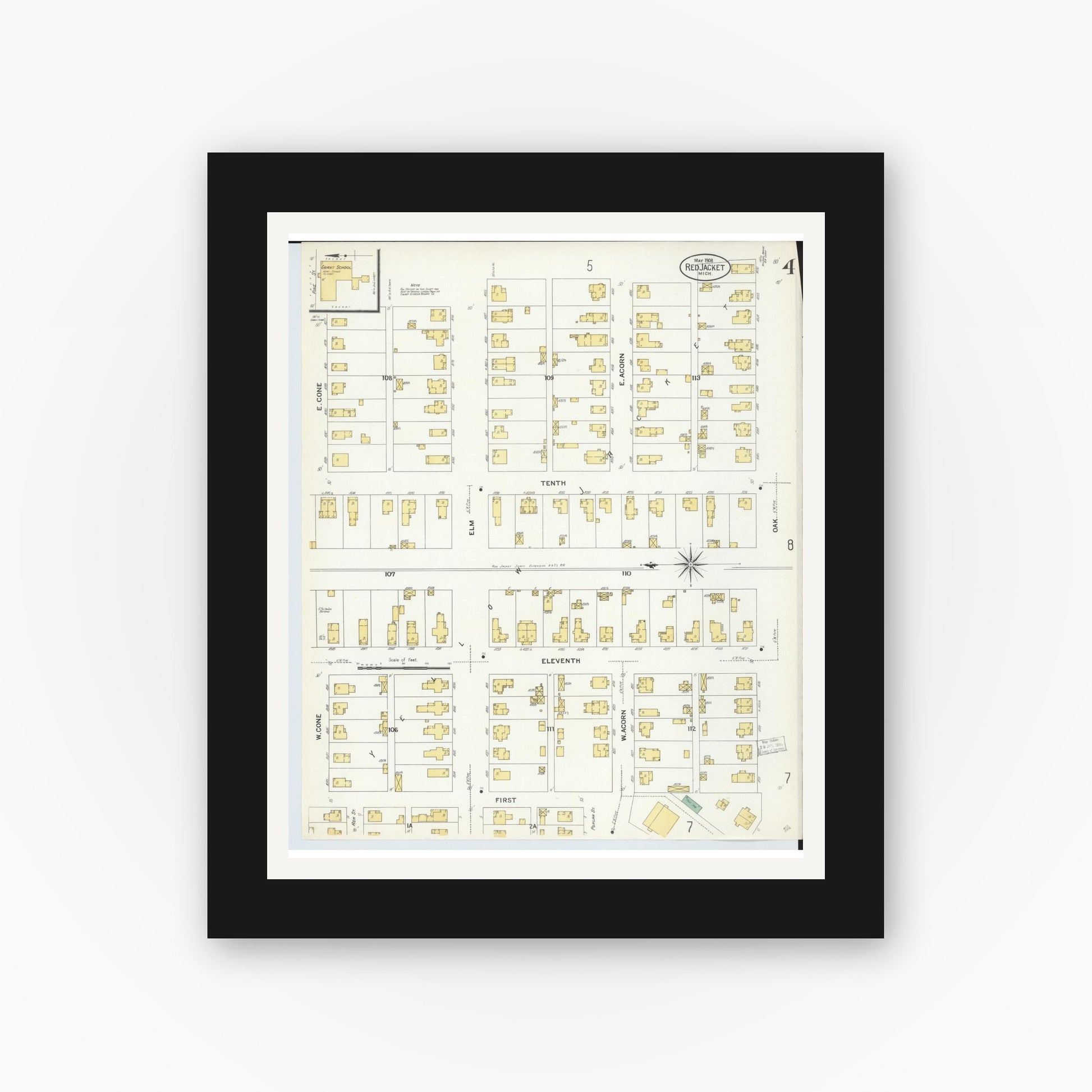 Old map wall art mockup — black gallery frame with white mat — Sanborn Fire Insurance Map from Red Jacket, Houghton County, Michigan (1908), Sheet #0004